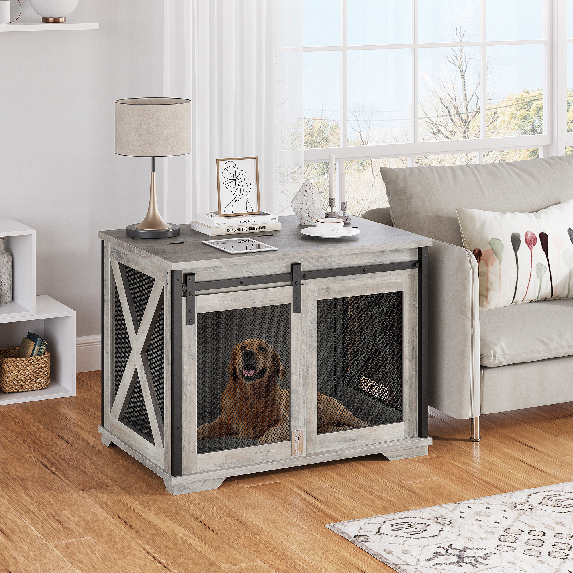 37'' Dog Crate Furniture Side End Table with Flip Top and Movable Divider, Wooden Dog Crate Table Large, Style Dog Kennel Side End Table