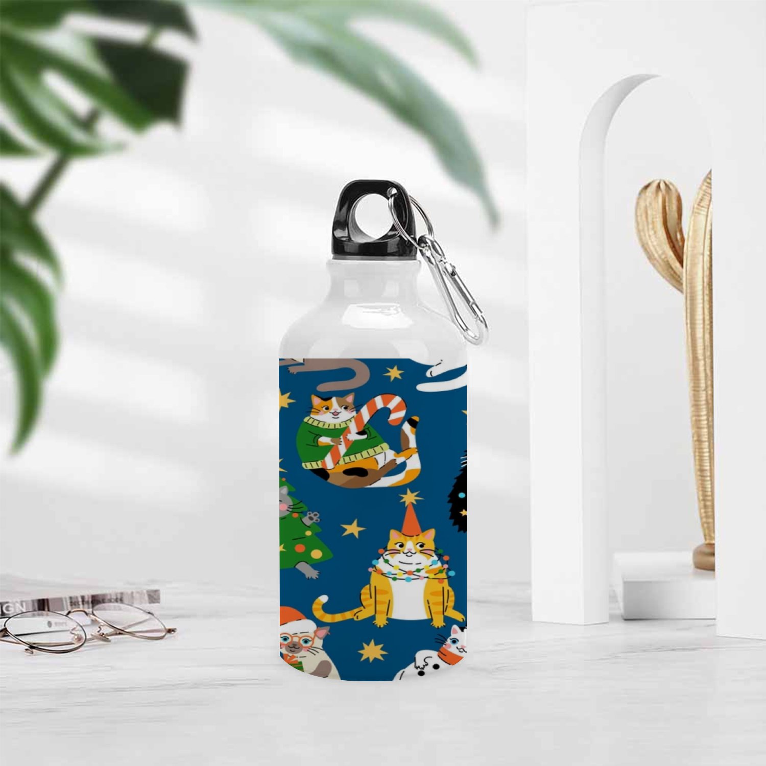 SKYSONIC 400ml Sport Aluminum Water Bottle,Cute Cartoon Fat Cats,Sport Multipack Leak Proof Easy Carry Travel Bottle with Twist Cap for Gym Hiking Camping Running Bike Outdoor