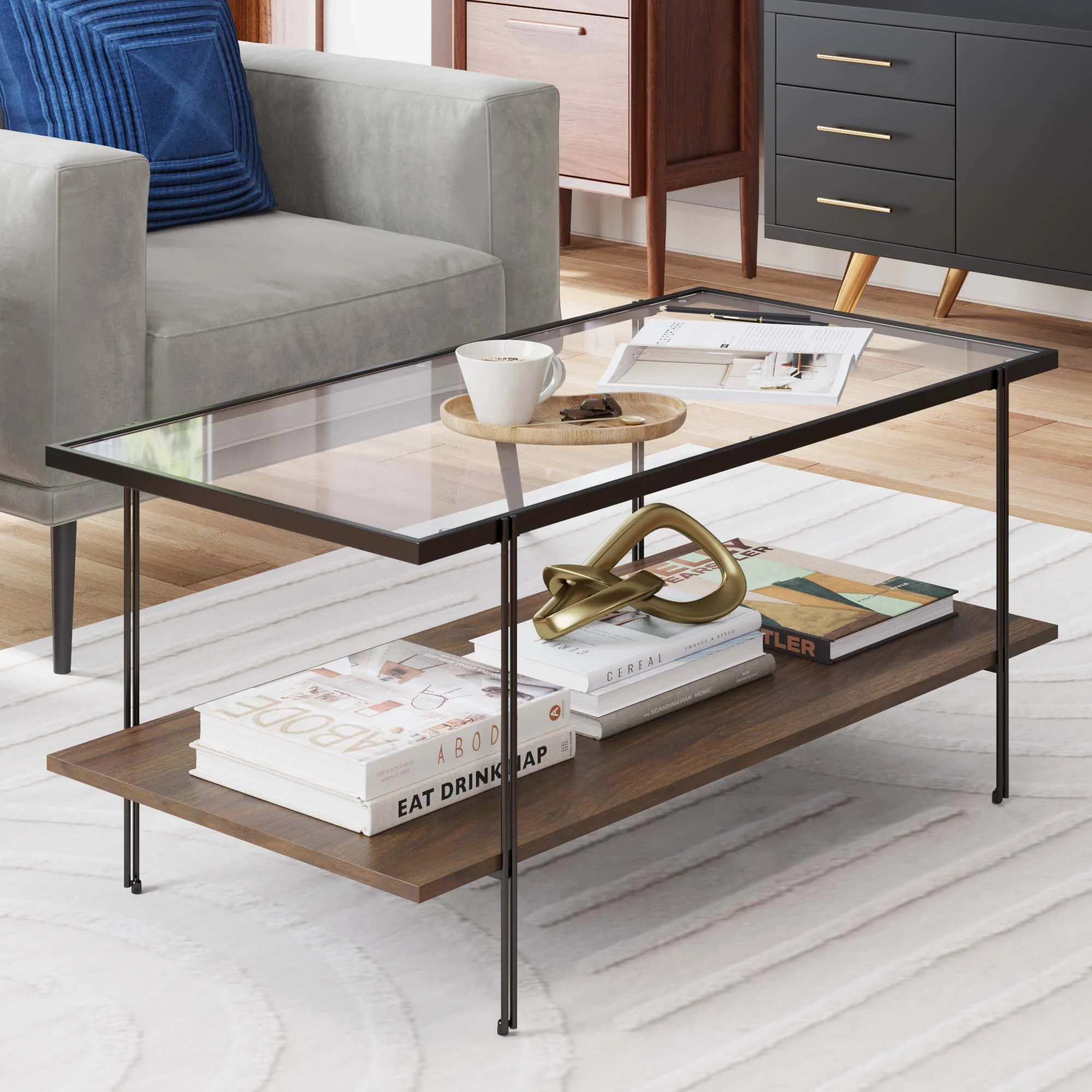 Nathan James Asher Mid-Century Rectangle Coffee Table with Glass Top and Walnut Floating Shelf Black Metal Legs