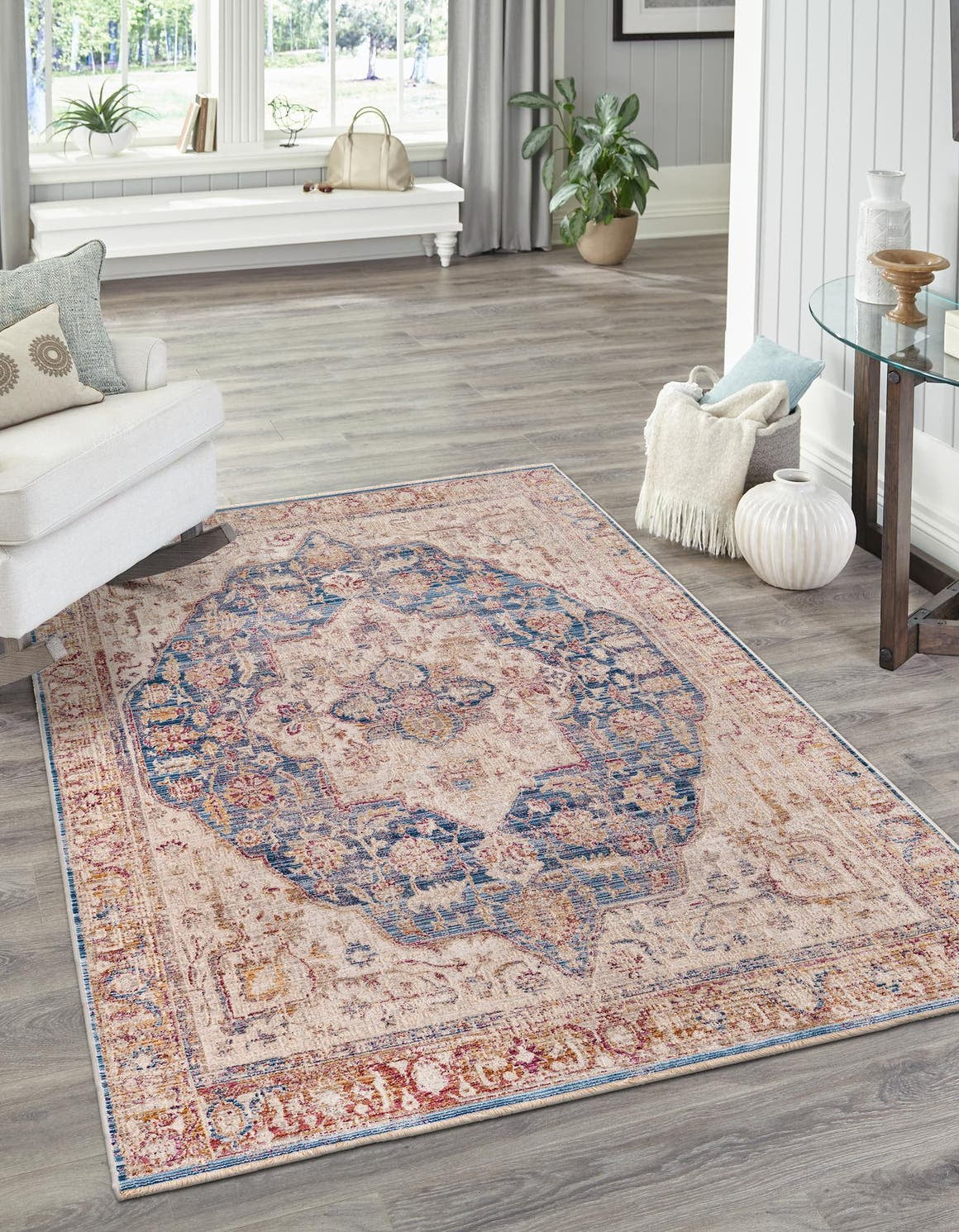 Rugs.com Deepa Collection Rug – 9' x 12' Blue Ivory Medium Rug Perfect For Living Rooms, Large Dining Rooms, Open Floorplans