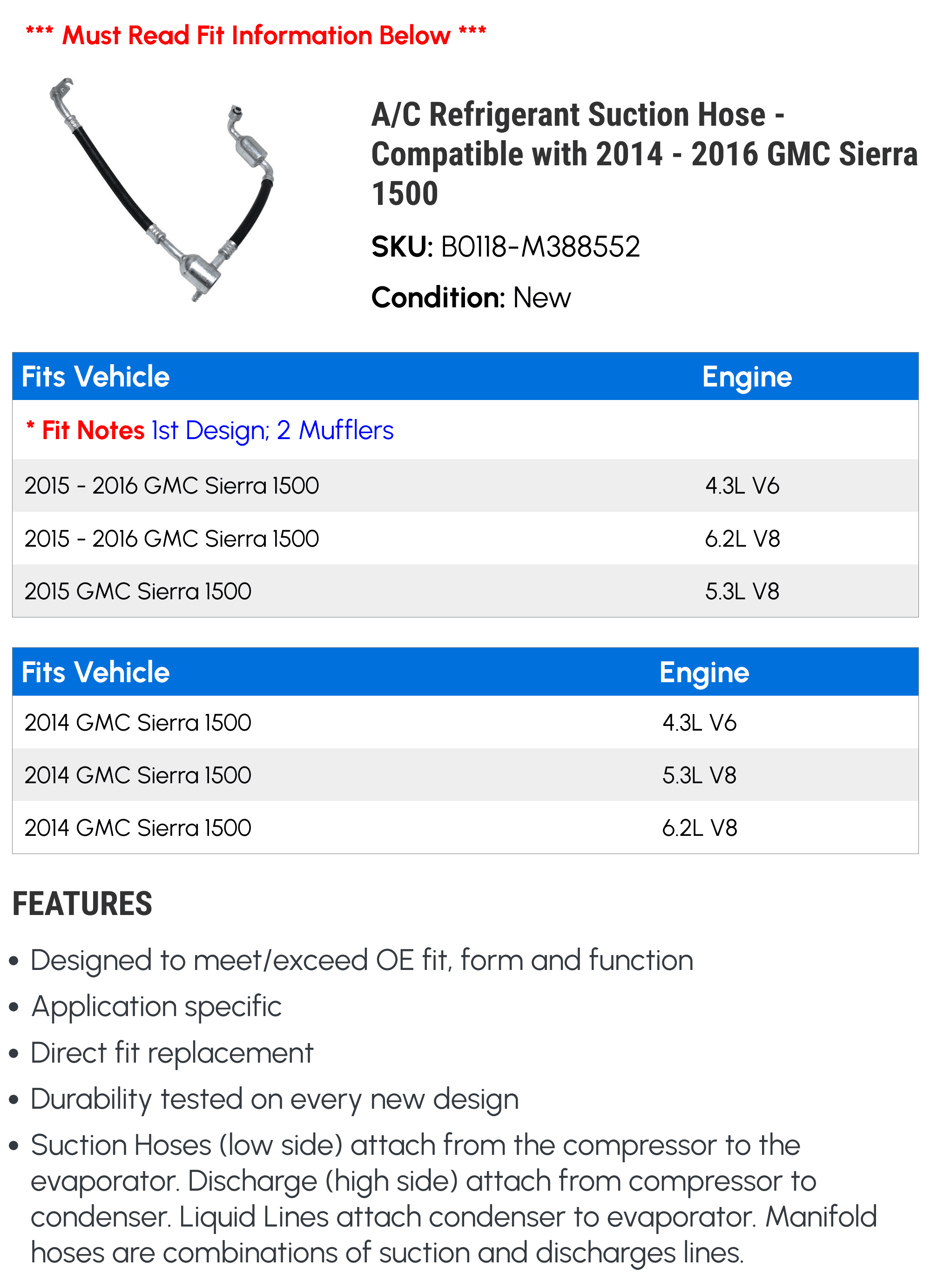 A/C Suction Hose - Compatible with 2014 - 2016 GMC Sierra 1500 2015