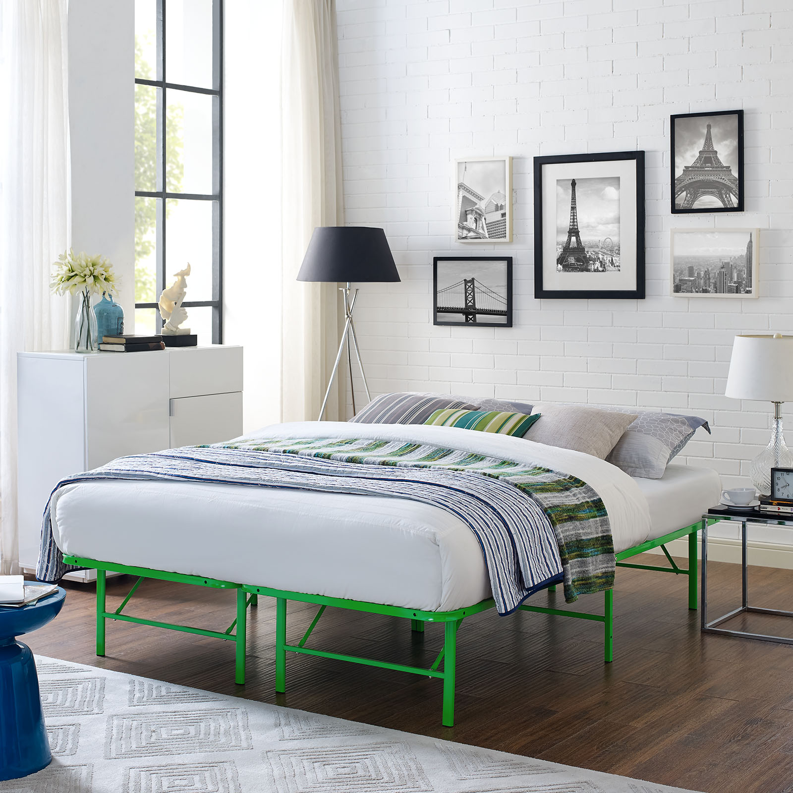 Modern Contemporary Urban Design Bedroom Full Size Platform Bed Frame, Green, Metal Steel
