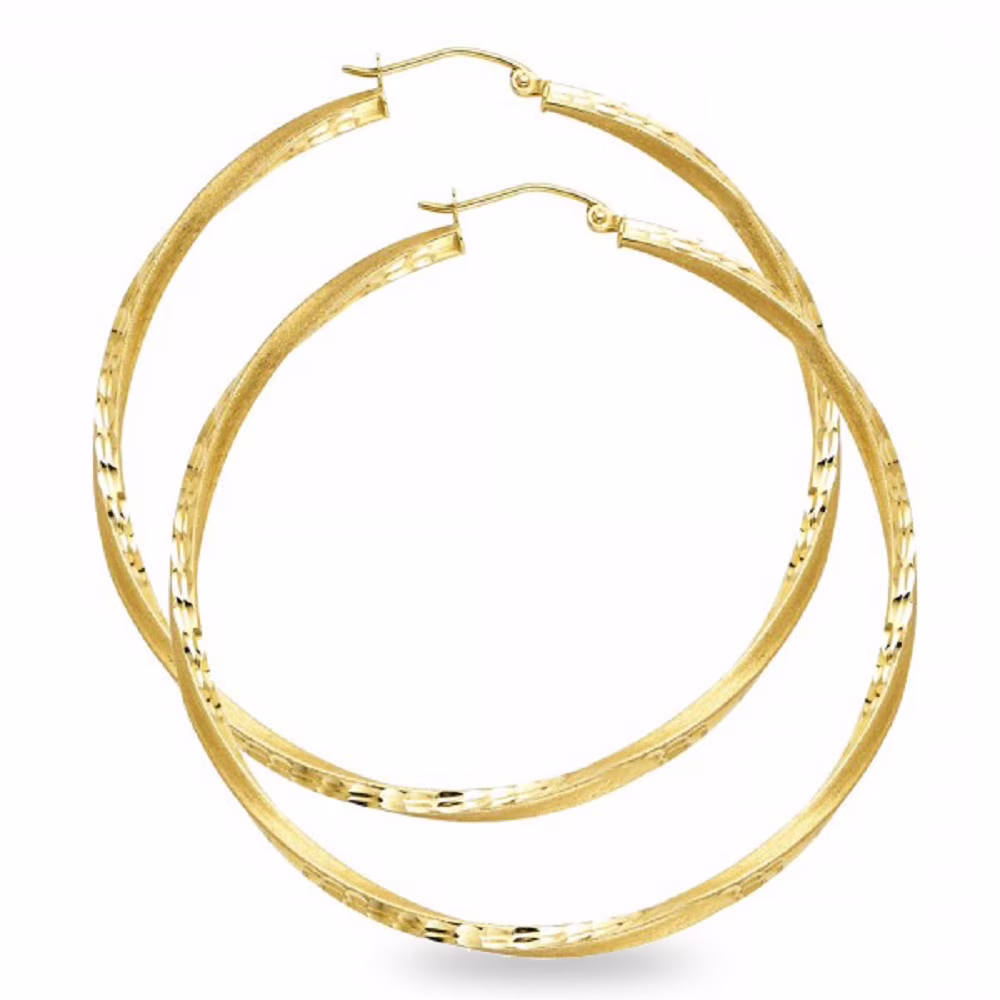 Big Round Hoops 14k Yellow Gold Diamond Cut Satin And Polished Finish French Lock Fancy 55mm x 2.5mm