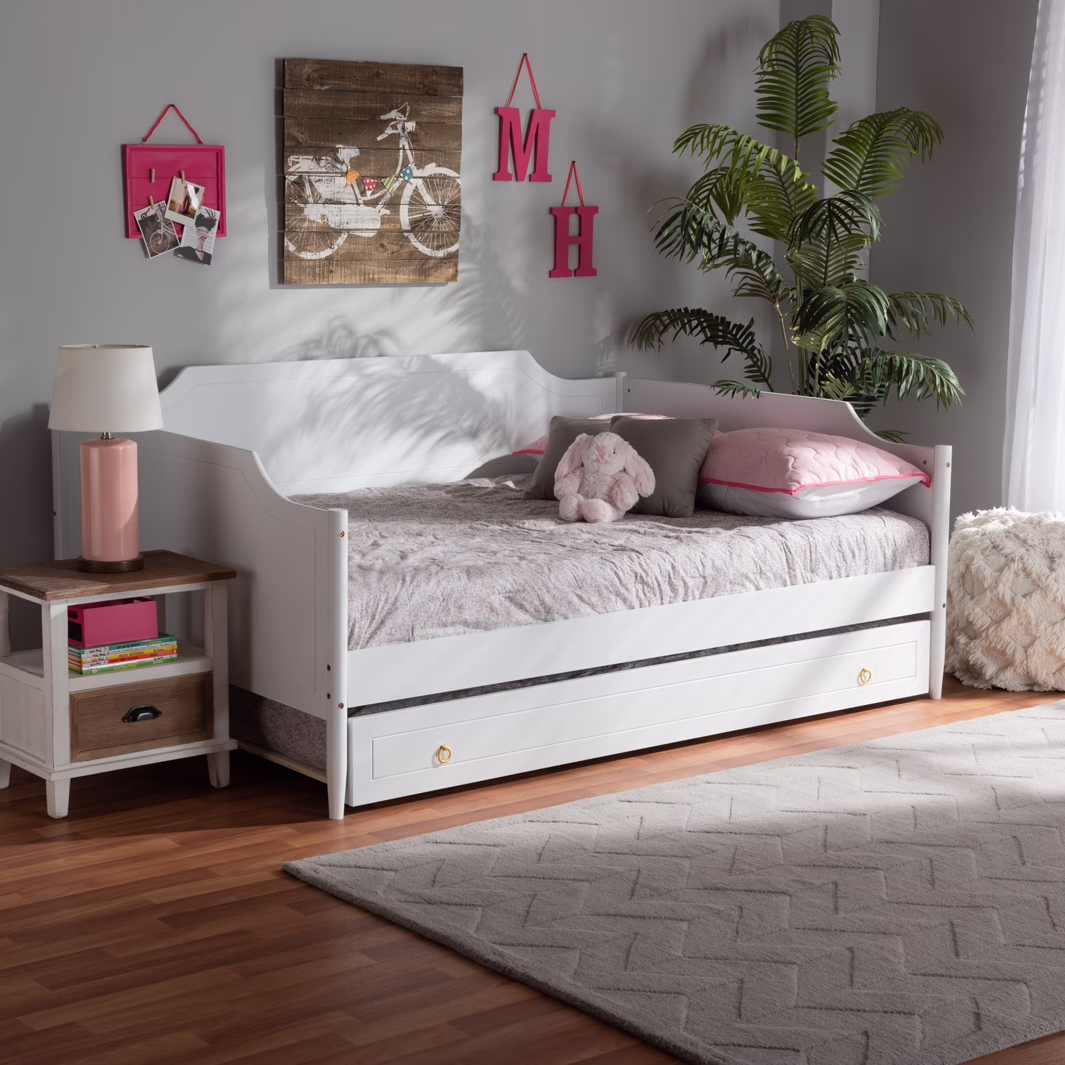 HomeStock Classic Traditional Retro Relaxation White Finished Wood Full Size Daybed With Roll-Out Trundle Bed