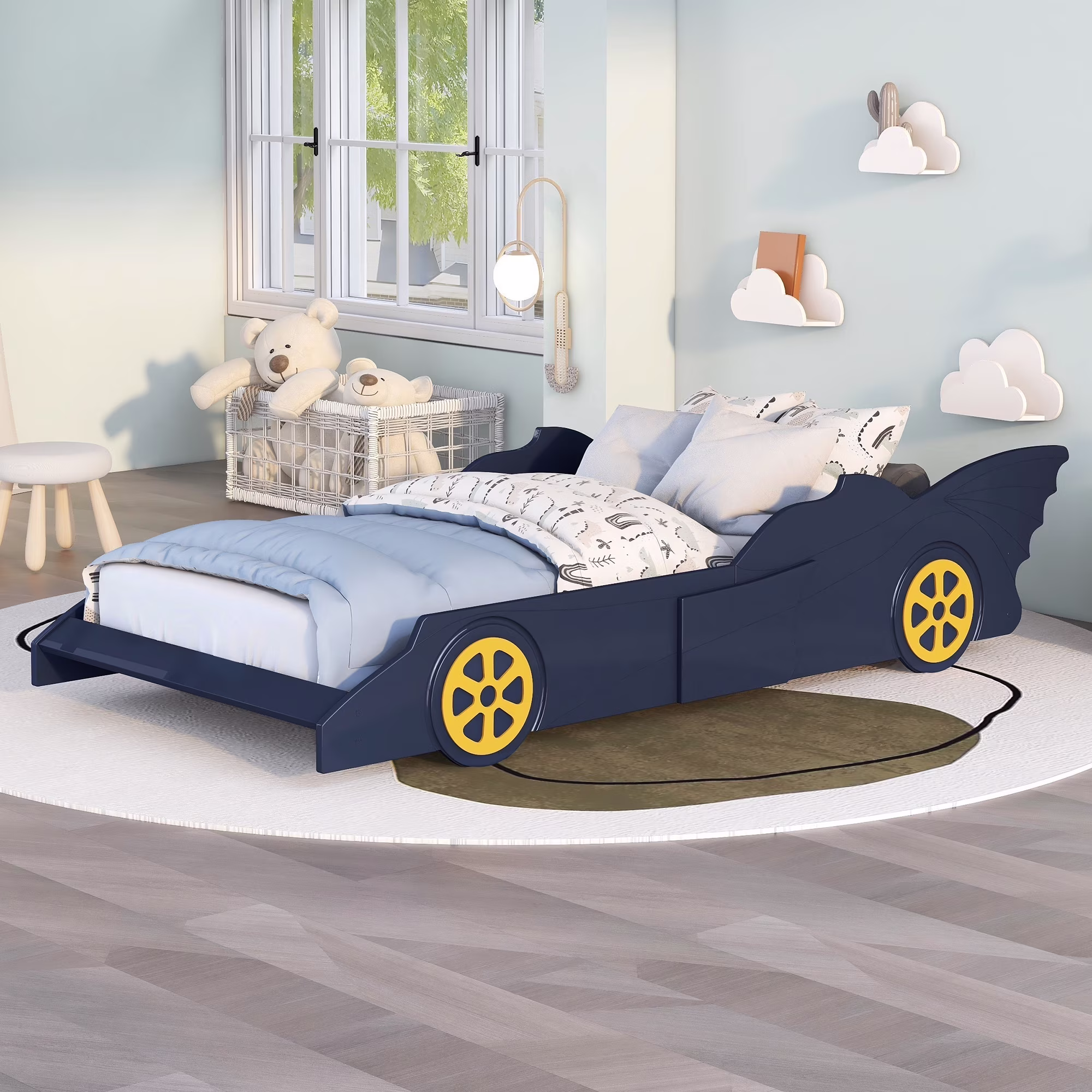 Dawn Whisper Twin Size Race Car-Shaped Platform Bed with Wheels, Blue/Yellow