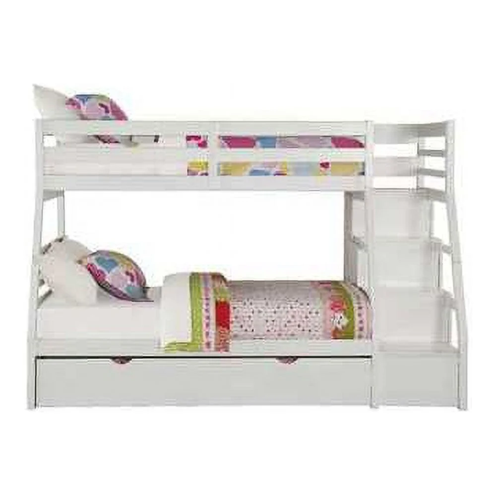 HomeRoots  95 x 56 x 65 in. Twin Over Full Storage Ladder & Trundle Bunk Bed, White