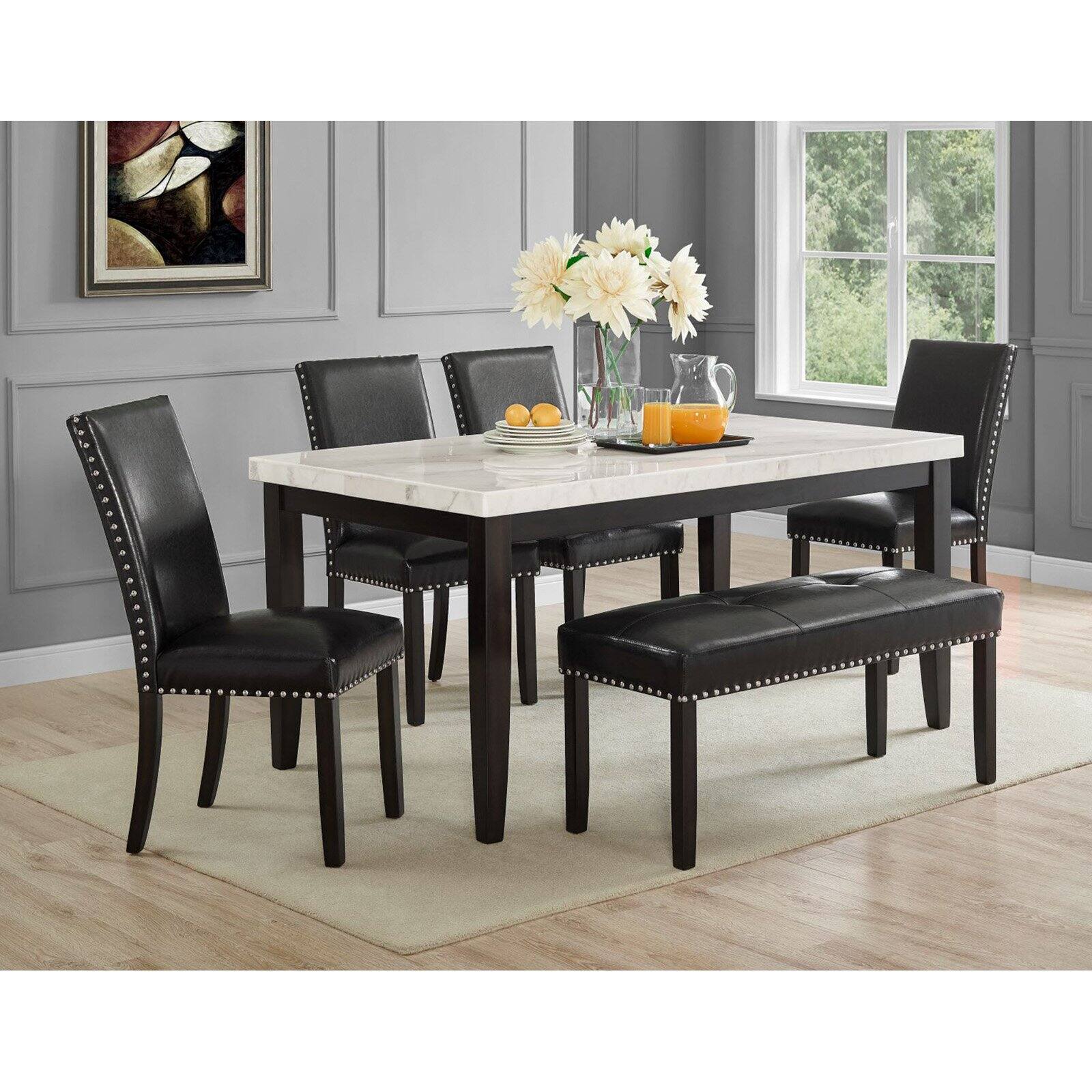 Westby White Marble Top Dining Table with Ebony black base