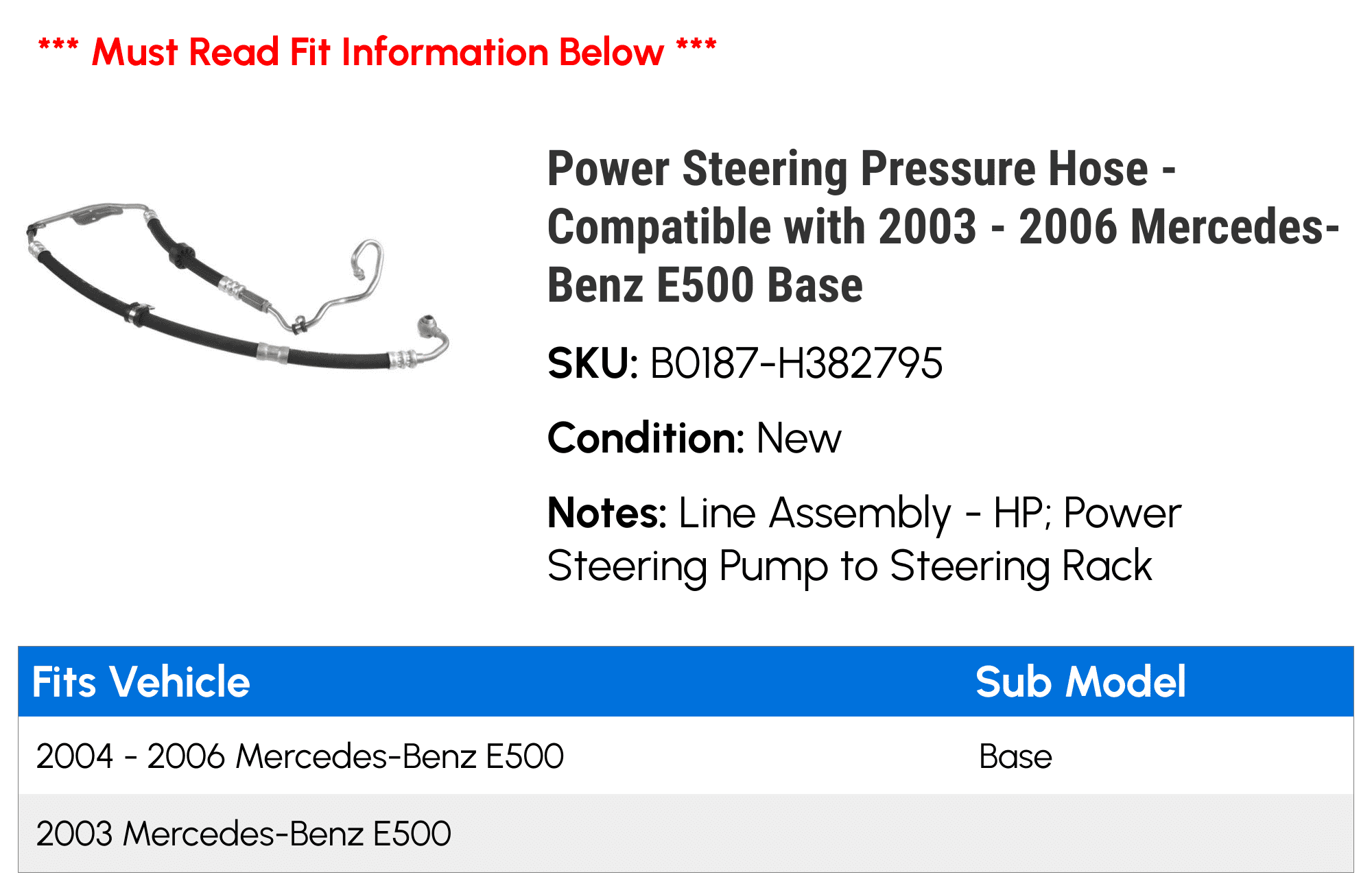 Power Steering Pressure Hose - Compatible with 2003 - 2006 Mercedes-Benz E500 Base 2004 2005