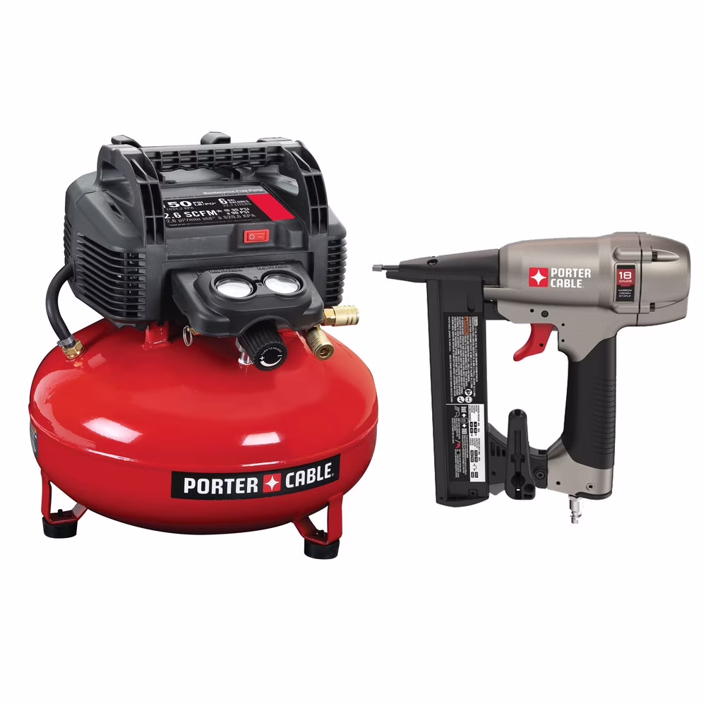 Porter-Cable C2002-NS150C 0.8 HP 6 Gallon Oil-Free Pancake Air Compressor and 18-Gauge 1-1/2 in. Narrow Crown Stapler Kit Bundle