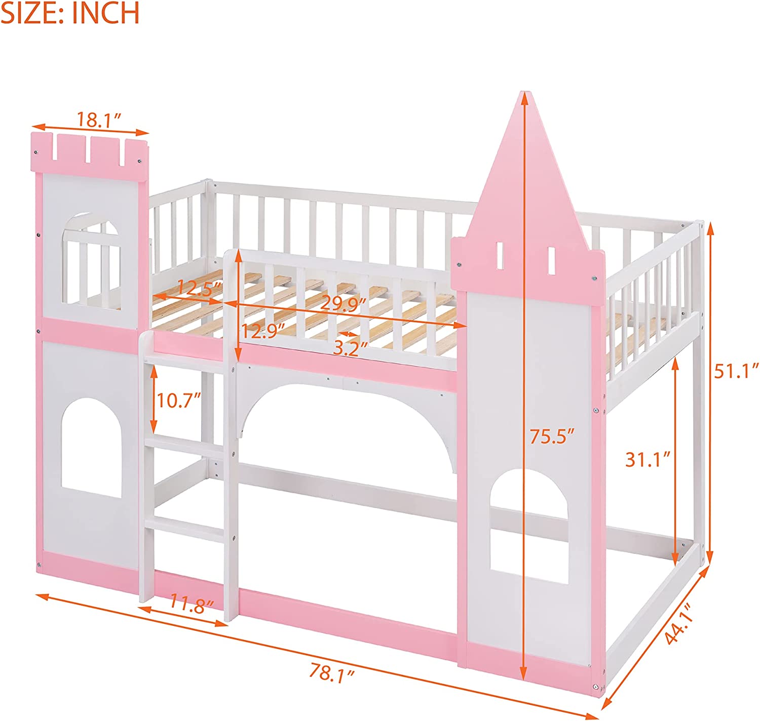 Low Bunk Beds Over , Castle Shape Wooden Loft Bed For Kids, Floor Bunk Bed Frame With Slat And Ladder For Kids Boys Girls Toddlers ( + White)