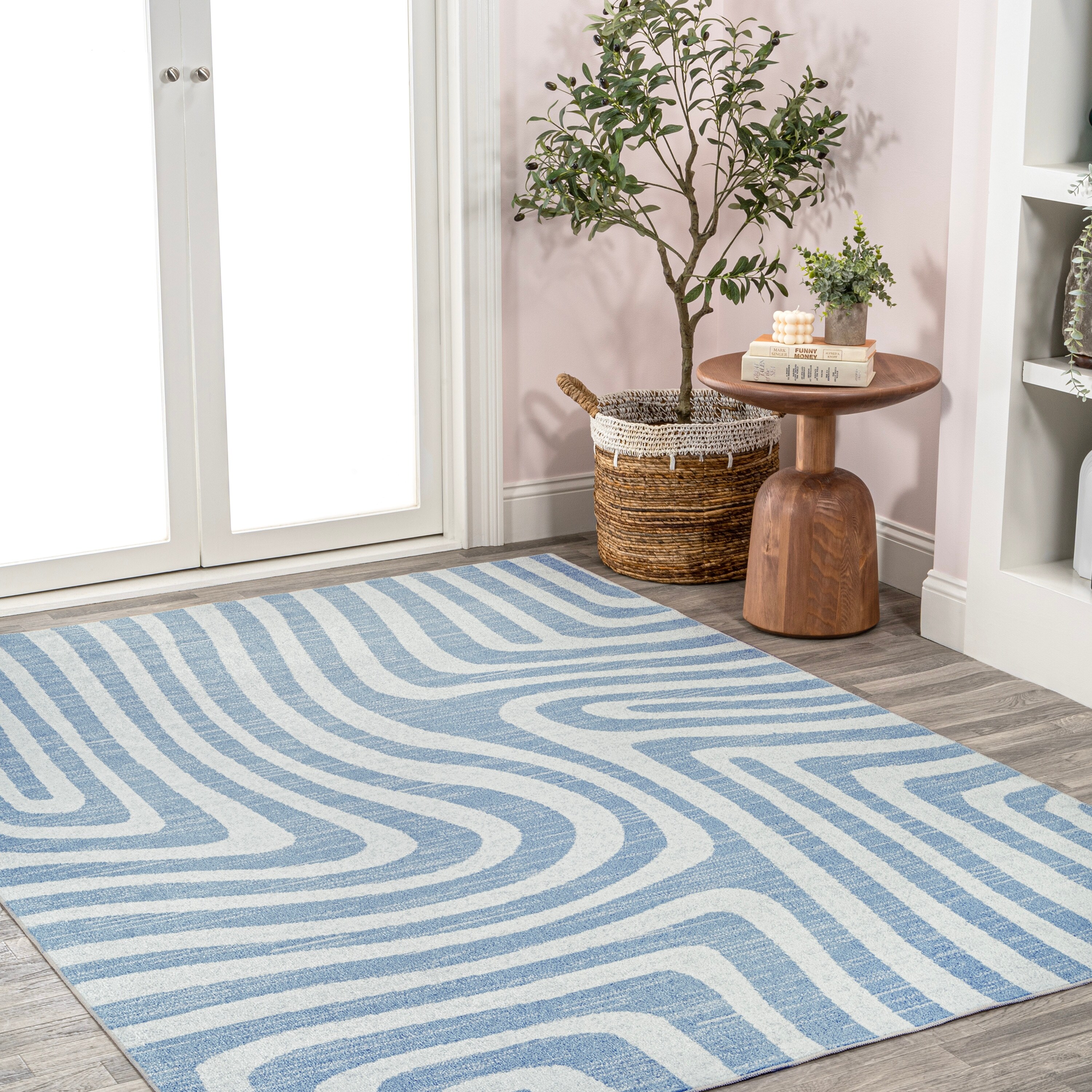 JONATHAN Y  Kallax Abstract Two-Tone Low-Pile Machine-Washable Blue/Cream Area Rug 4 X 6