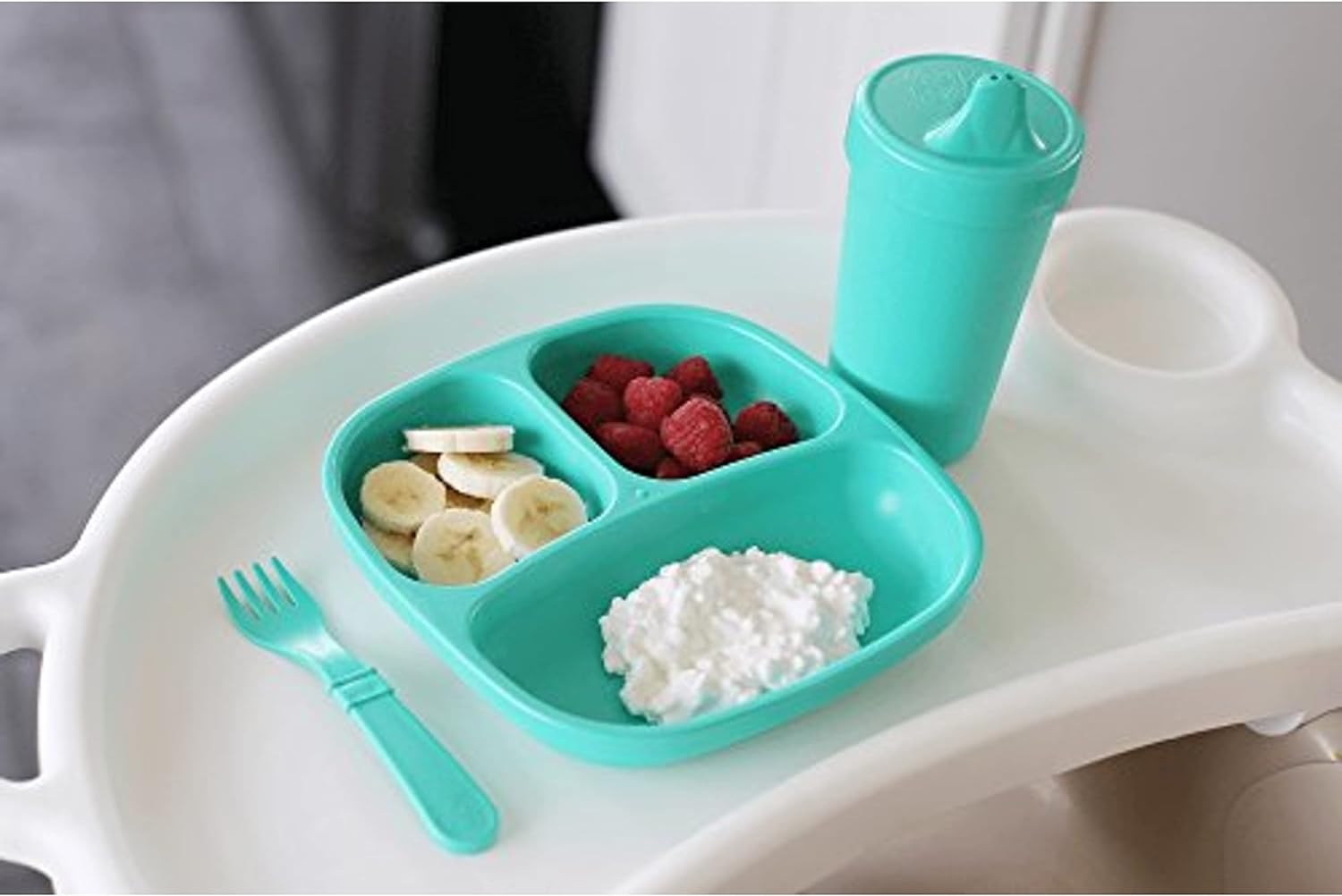 Re Play Made in USA - 3 Meals a Day Set - 3 Divided Plates, 3 Sets of Utensils - BPA Free, Made from Eco-Friendly Recycled Milk Jugs - True Blue without Bowls
