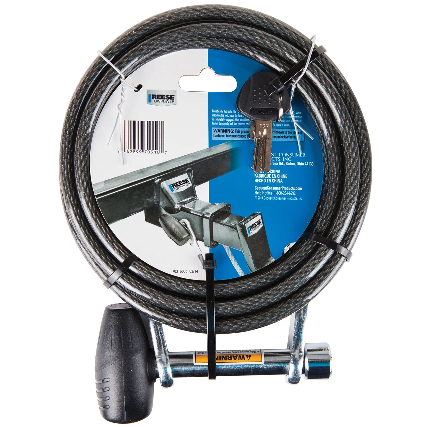 Reese Towpower Trailer Hitch Cable Lock, Fits 1-1/4 in. & 2 in. Receivers, 1/2 in. & 5/8 in. Pin Diameter, Cable Lock, 12 ft. Cable