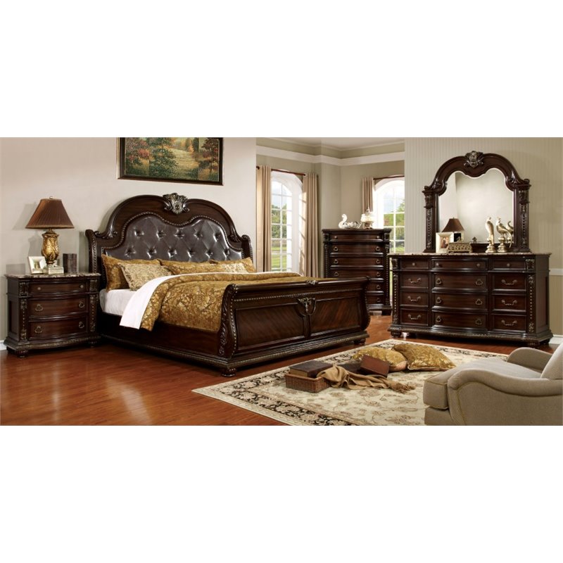Bowery Hill Traditional Wood Panel King Bed with Faux Leather in Cherry