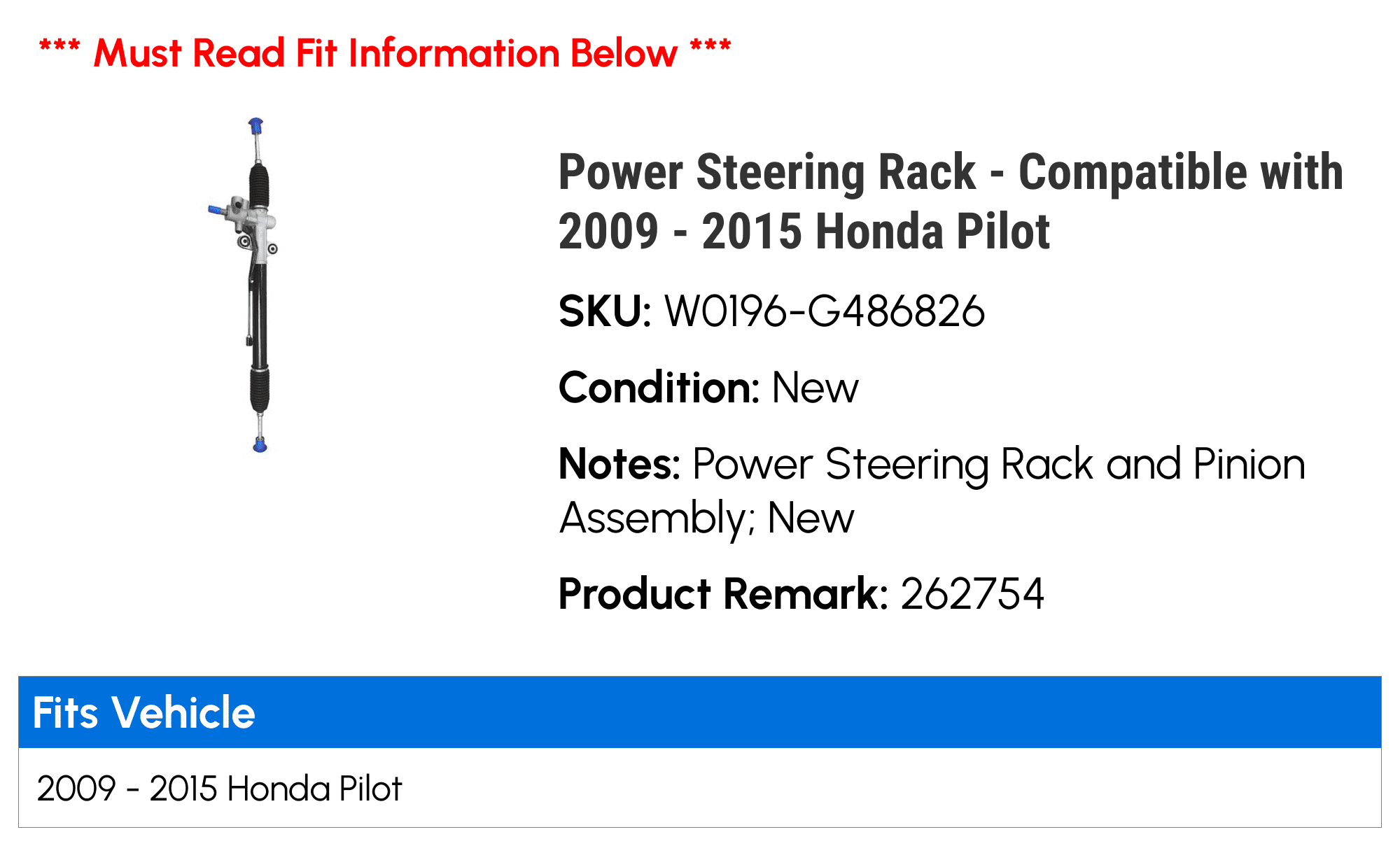 Power Steering Rack - Compatible with 2009 - 2015 Honda Pilot 2010 2011 2012 2013 2014