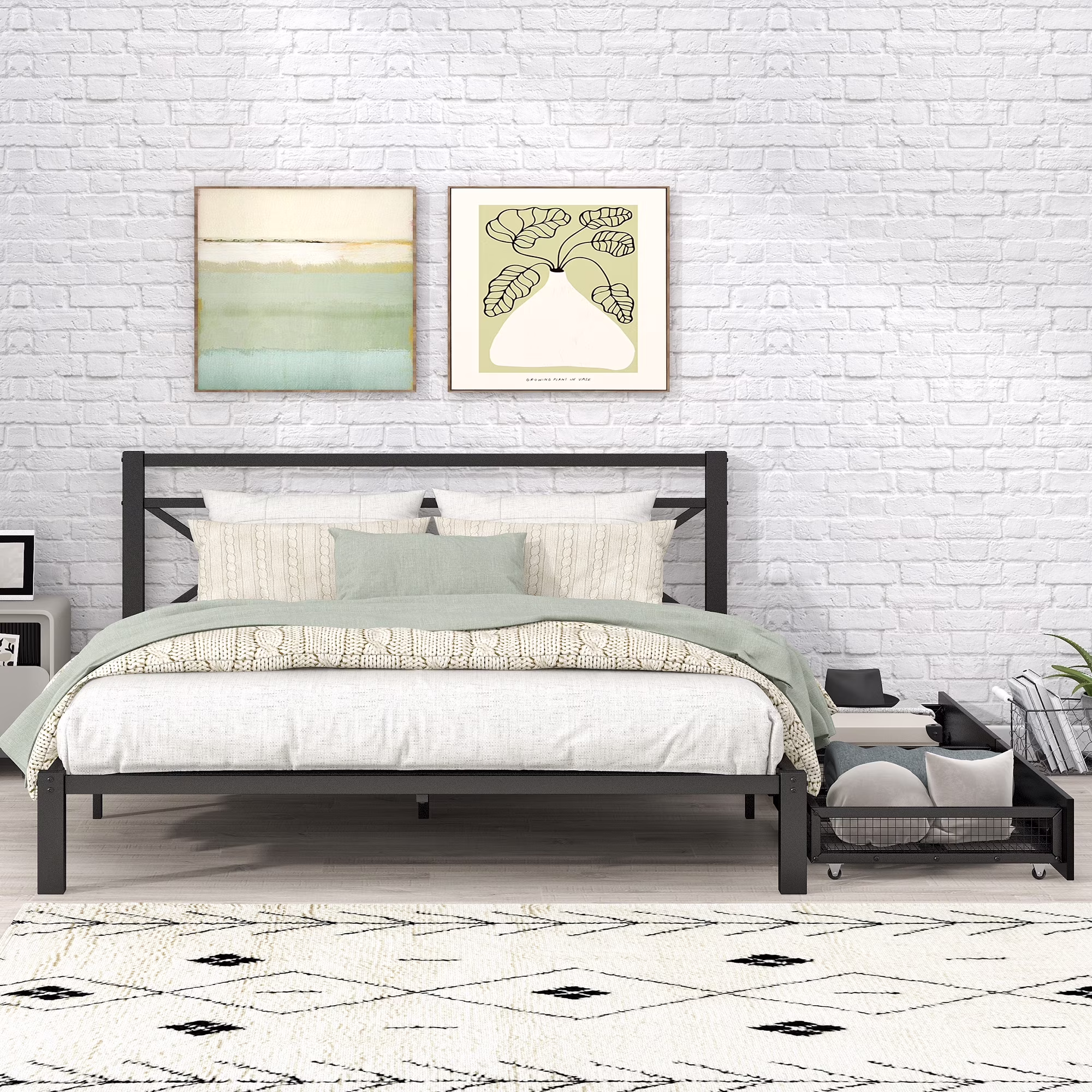 Metal Platform Bed Frame with 2 Drawers, Bed with Square Design Headboard and Footboard Mattress Foundation with Strong Steel Slats No Box Spring Needed Easy Assembly(Queen)