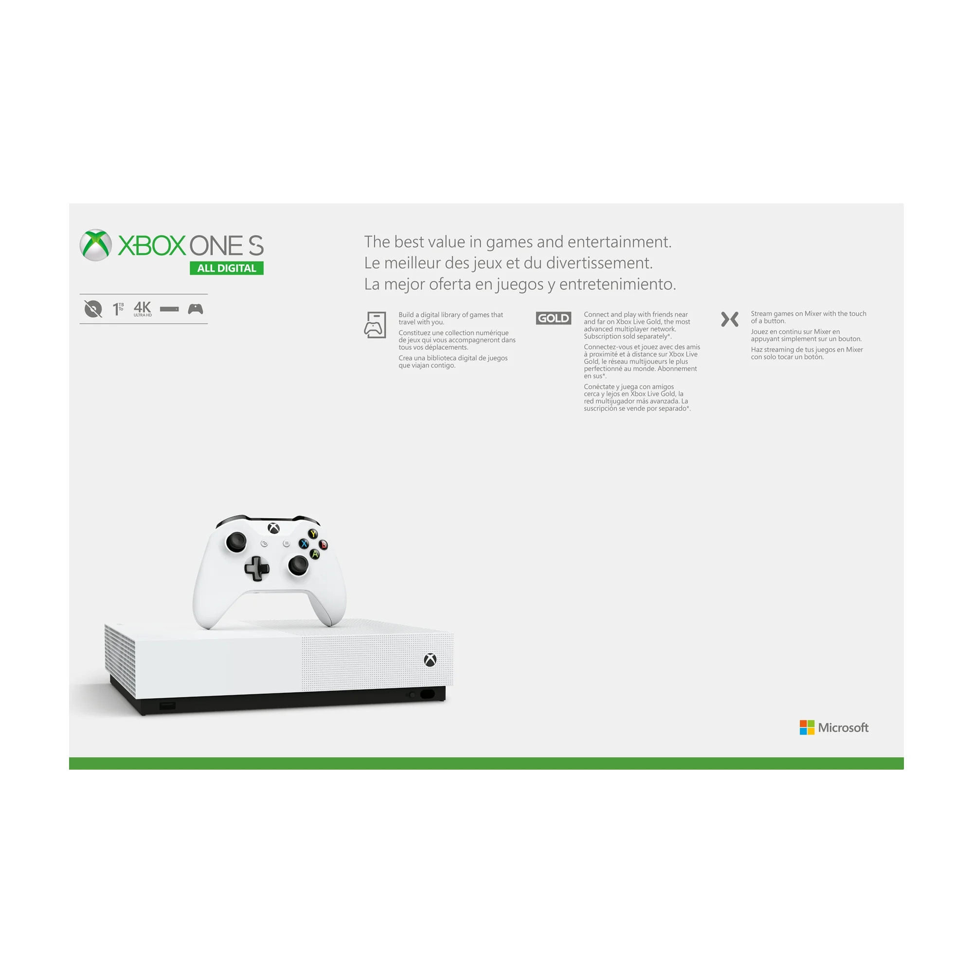 Microsoft Xbox One S 1TB All-Digital Edition Console (Disc-free Gaming), White, NJP-00024