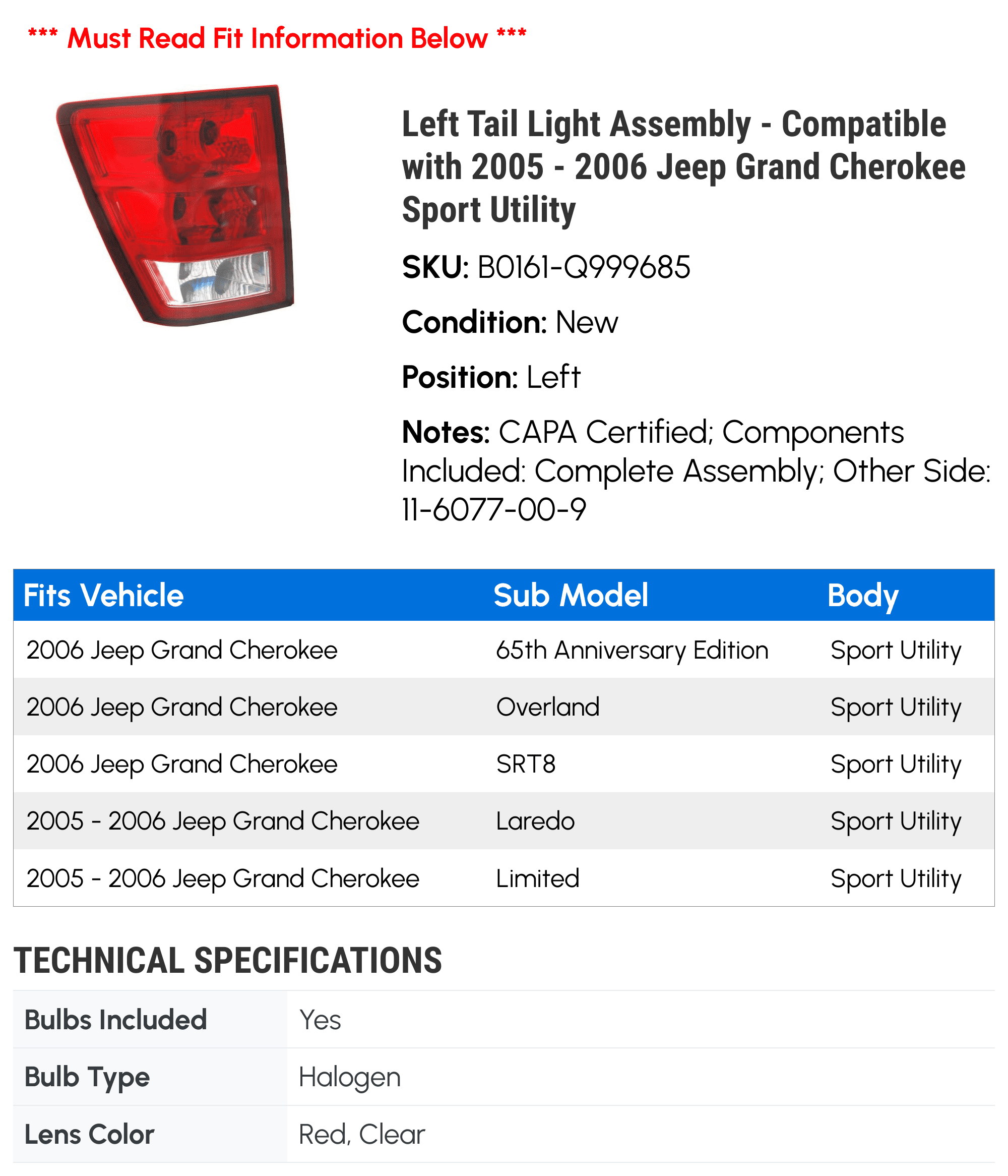 Left Tail Light Assembly - Compatible with 2005 - 2006 Jeep Grand Cherokee Sport Utility