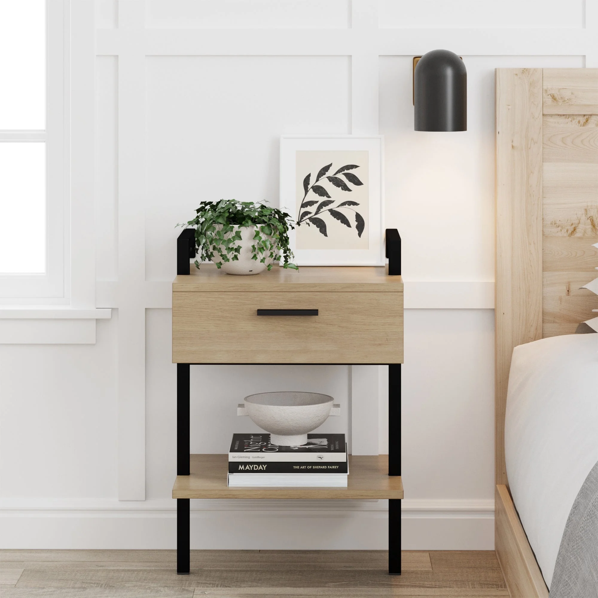 Nathan James Jenny Rustic Wall Mount Nightstand with Drawer and Storage Shelf, Oak Wood and Black Metal Frame