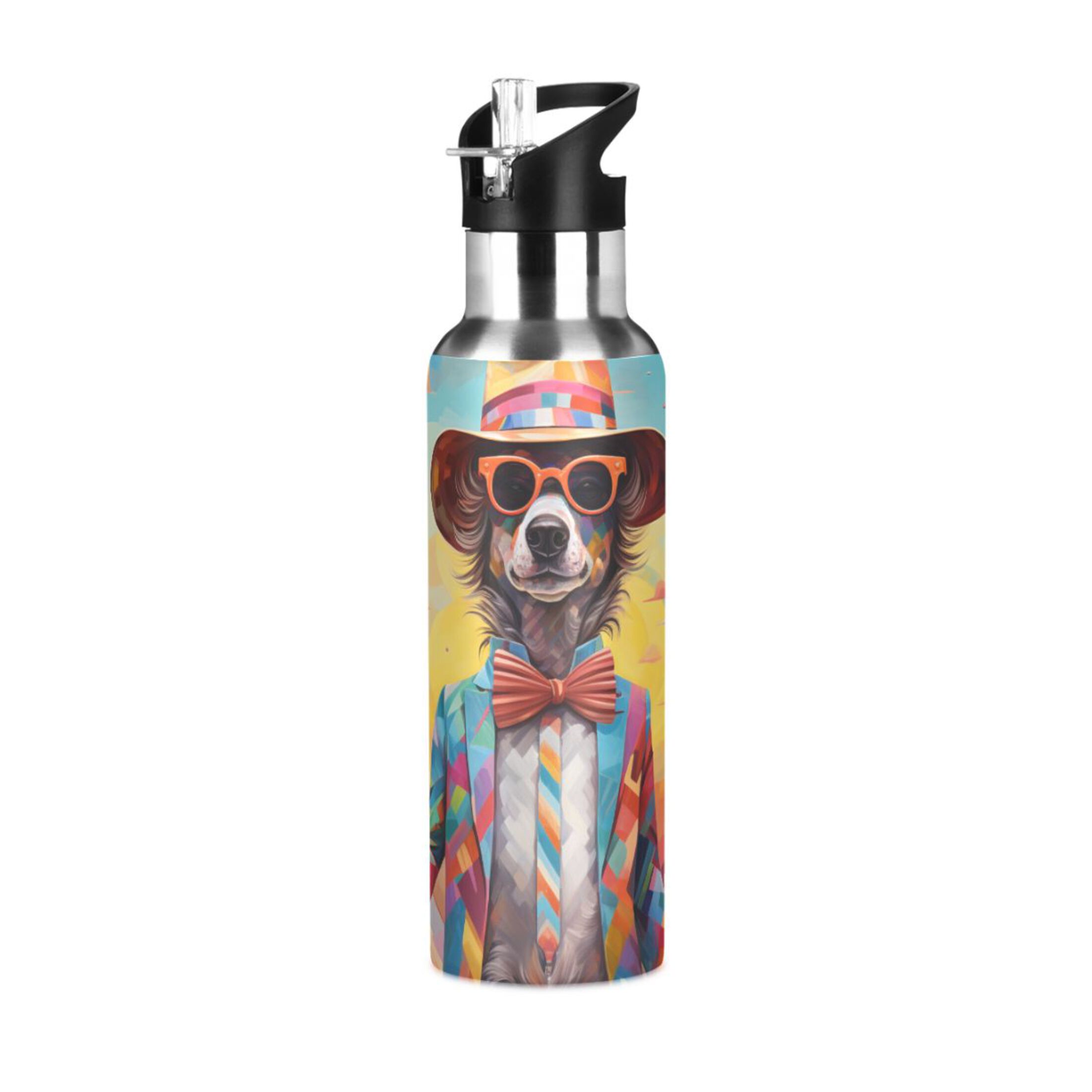 Abstract Dog with Hat and Glasses Water Bottles Insulated Thermos Kids Stainless Steel Bottle with Straw Lid Flask Leakproof for Sports Gym 20 oz