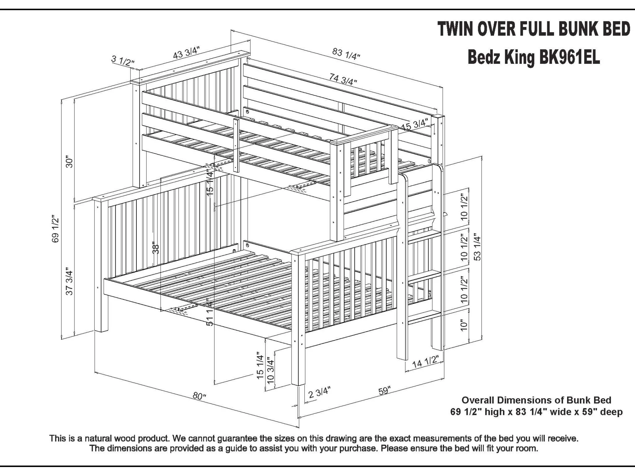 Bedz King Bunk Beds Twin over Full Mission Style with End Ladder and a Twin Trundle, Dark Cherry
