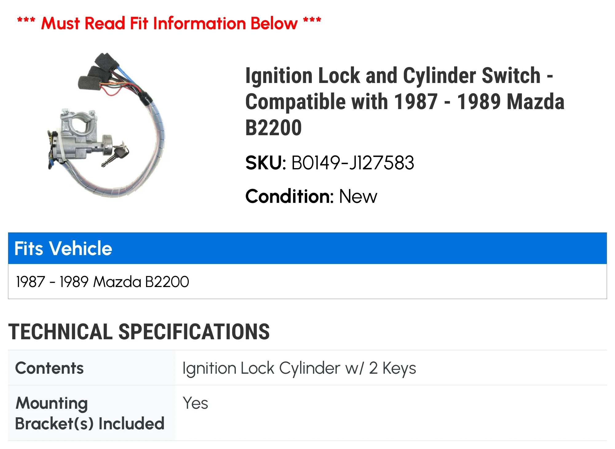 Ignition Lock and Cylinder Switch - Compatible with 1987 - 1989 Mazda B2200 1988