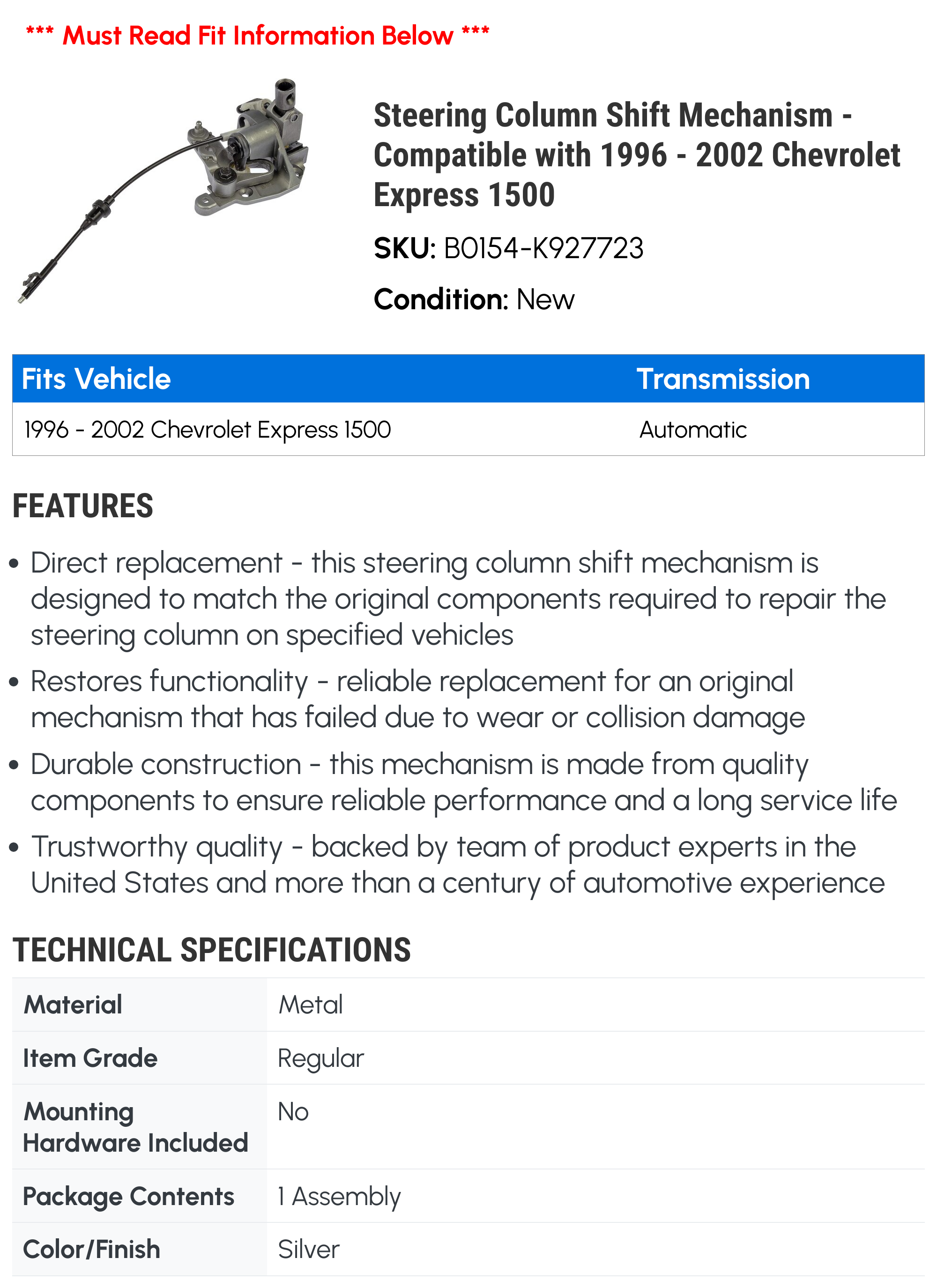 Steering Column Shift Mechanism - Compatible with 1996 - 2002 Chevy Express 1500 1997 1998 1999 2000 2001