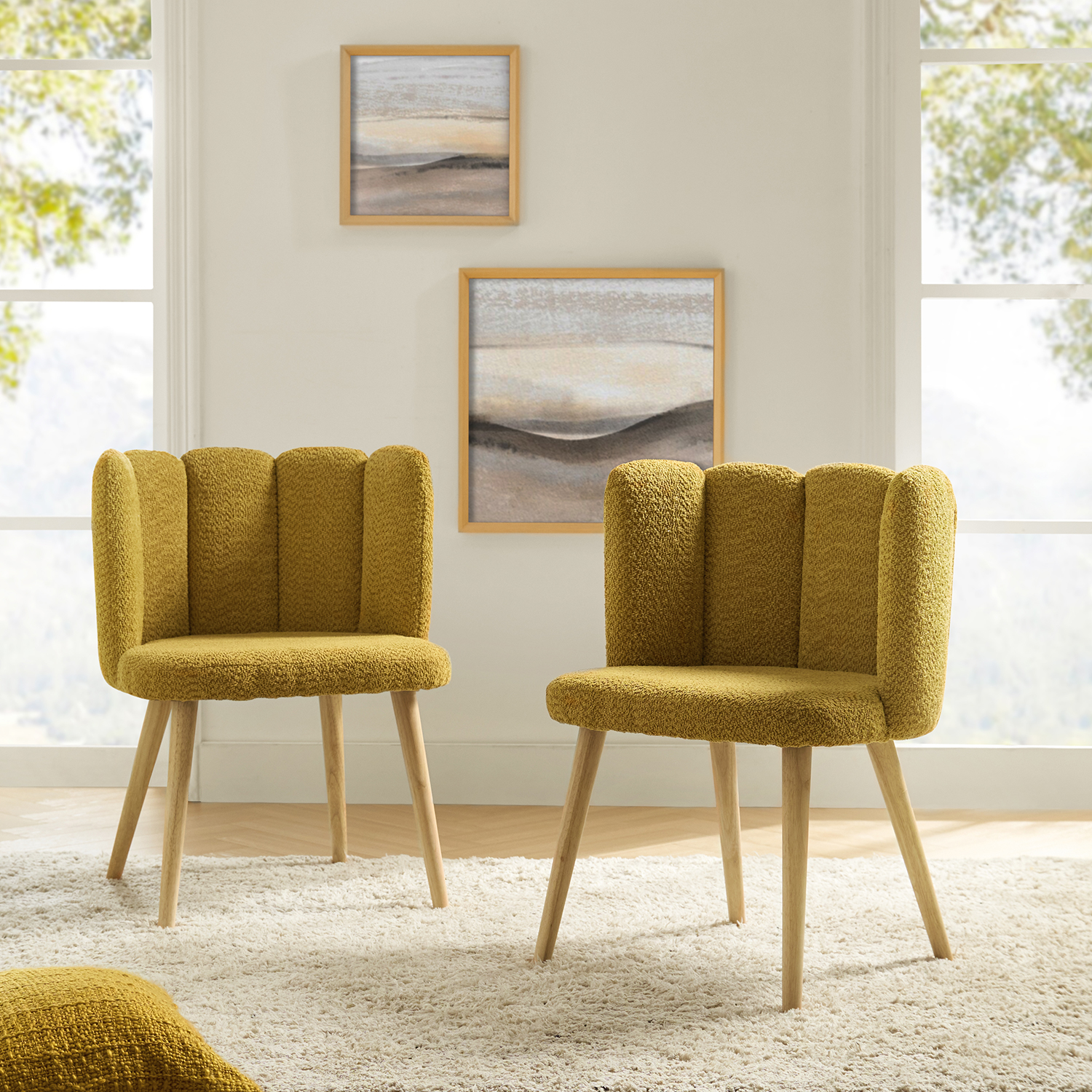 Sherpa Accent Side Chair Set of 2 Tufted Back Dining Chair Wood Legs Vanity Living Bedroom Home Kitchen Mustard