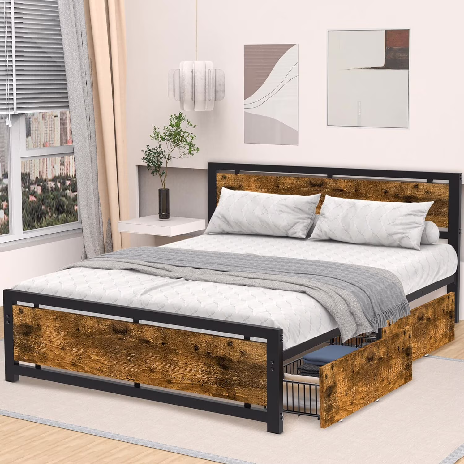 Codesfir Bed Frame with 4 Drawers, Heavy Duty Metal Platform Bed with Headboard and Footboard, 9 Sturdy Support Legs, No Box Spring Needed, Non-Slip, Noise Free, Easy Assembly (Vintage Brown,Full)