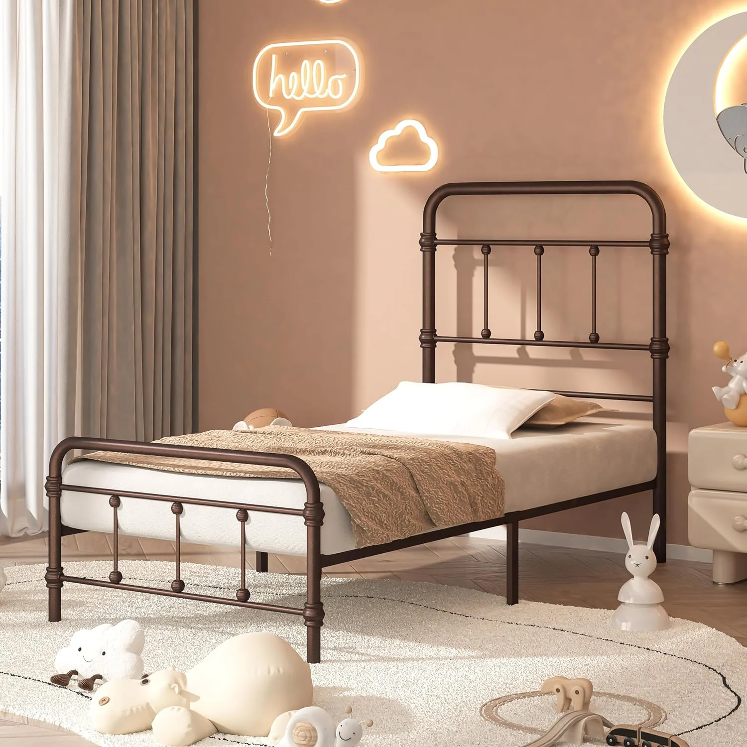 YGDU TwinXL-Size-Bed-Frame-with-High-Headboard - Metal Bed Frame No Box Spring Needed(Bronze,49 inch Headboard)