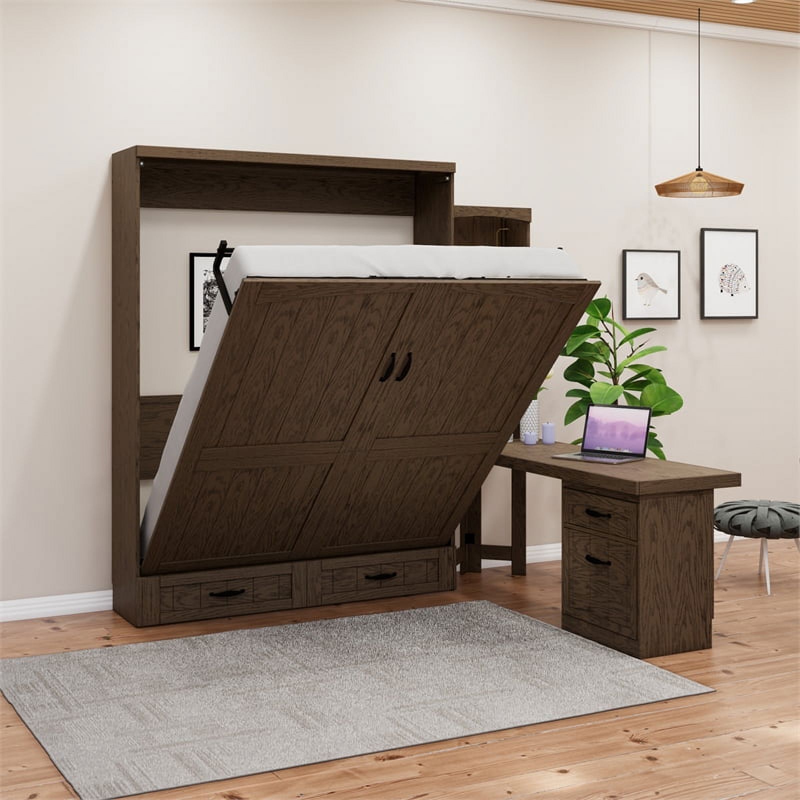 Pemberly Row Cape Cod Solid Wood Queen Size Murphy Bed with Desktop in Brown