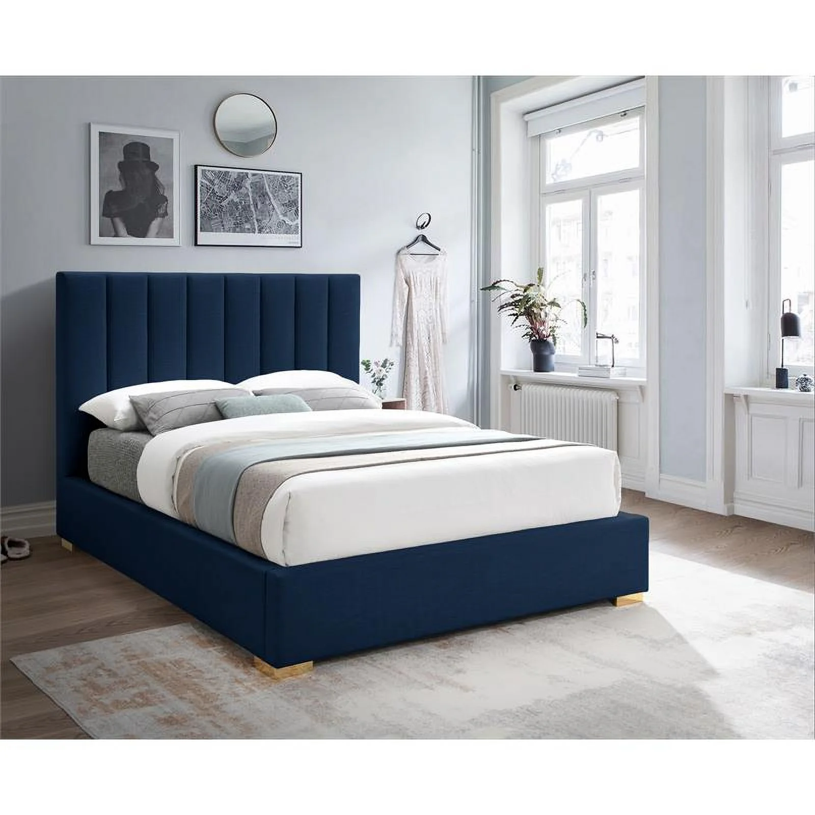 Meridian Furniture Pierce Navy Linen Textured Fabric King Bed