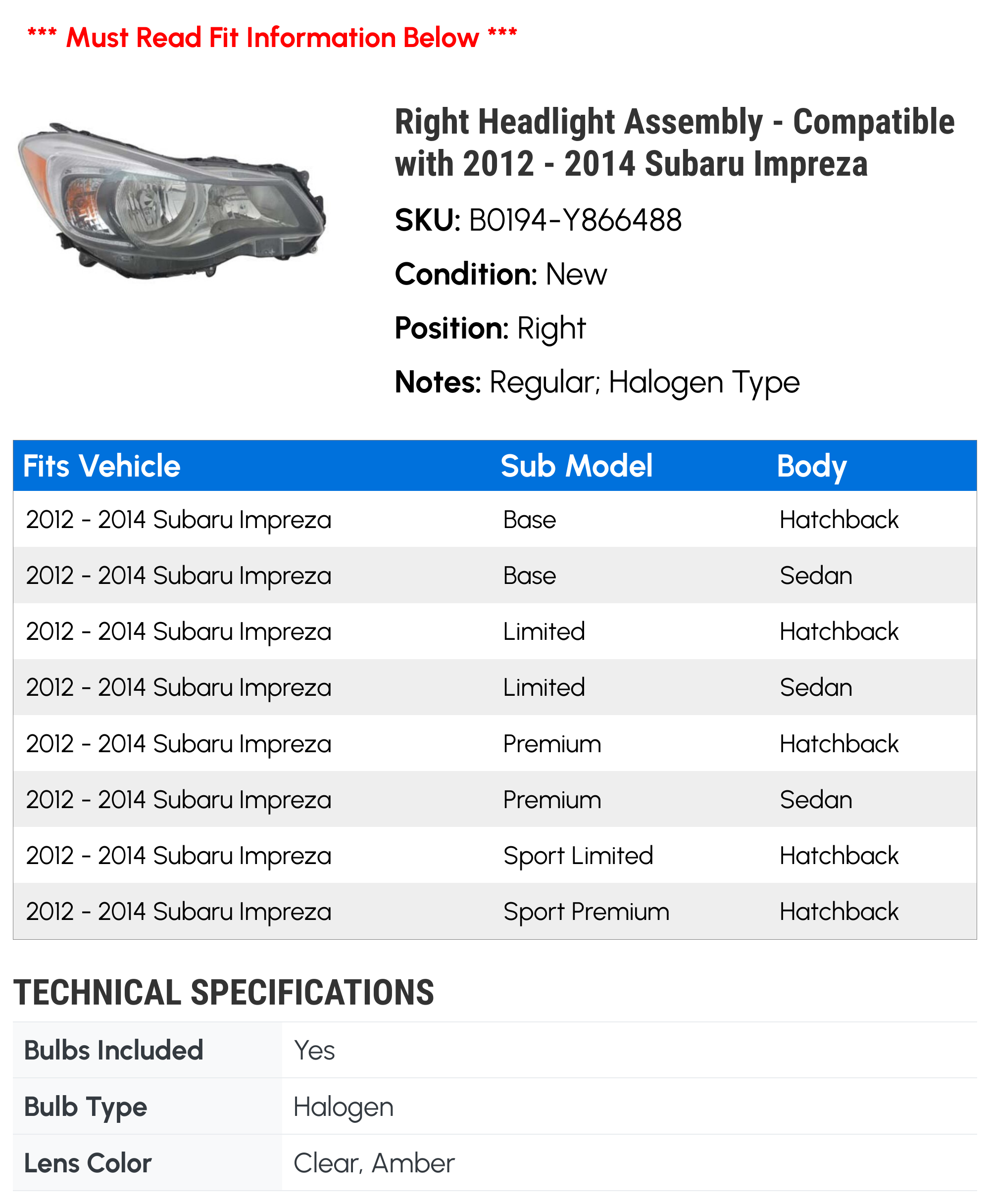 Right Headlight Assembly - Compatible with 2012 - 2014 Subaru Impreza 2013