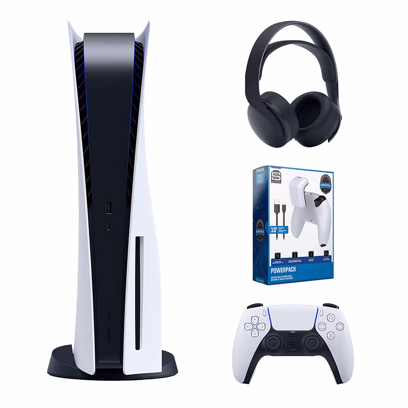 Sony Playstation 5 Disc Version Console with Black PULSE 3D Wireless Gaming Headset and Surge PowerPack PS5 Battery Pack & Charge Cable