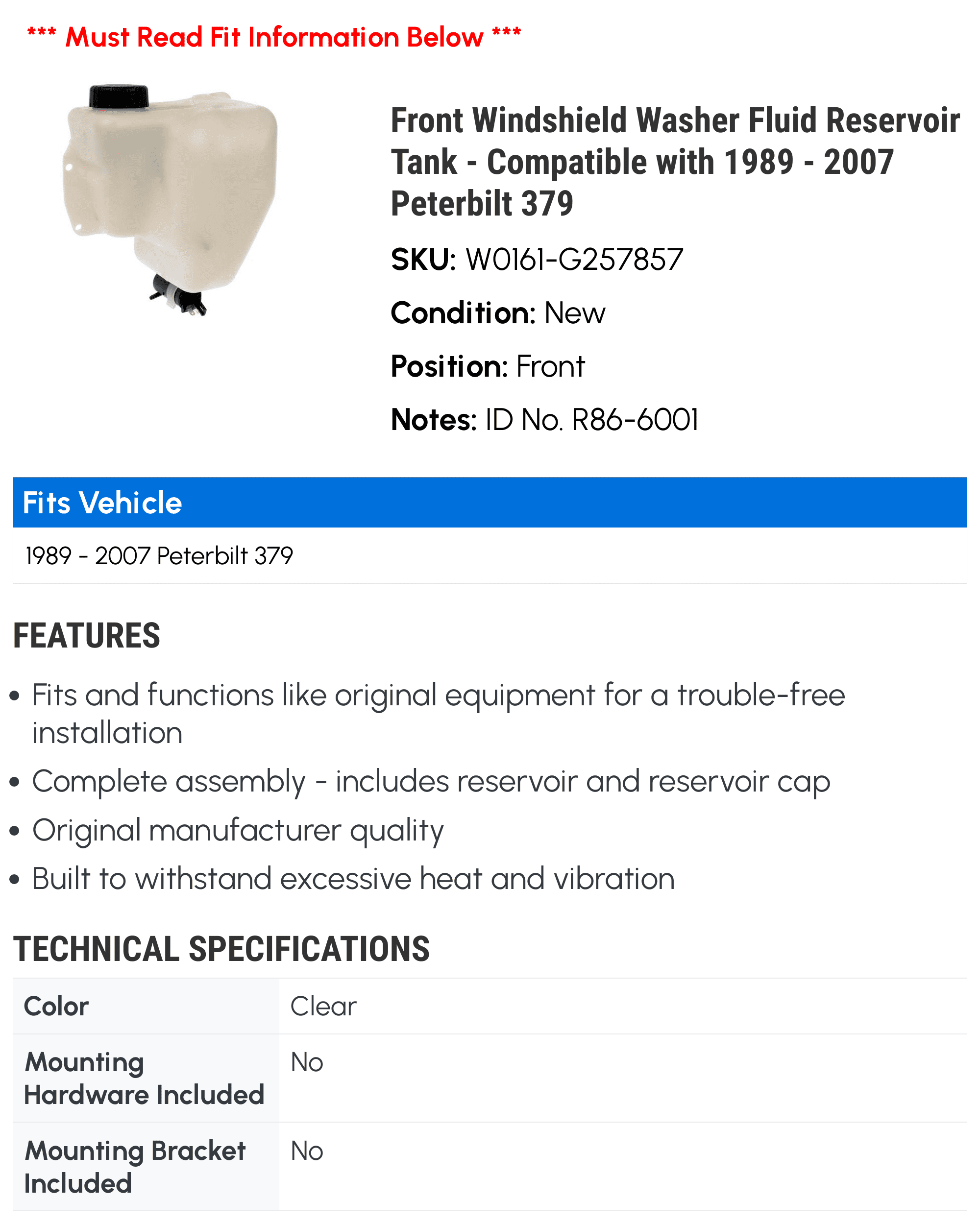 Front Windshield Washer Fluid Reservoir Tank - Compatible with 1989 - 2007 Peterbilt 379 1990 1991 1992 1993 1994 1995 1996 1997 1998 1999 2000 2001 2002 2003 2004 2005 2006