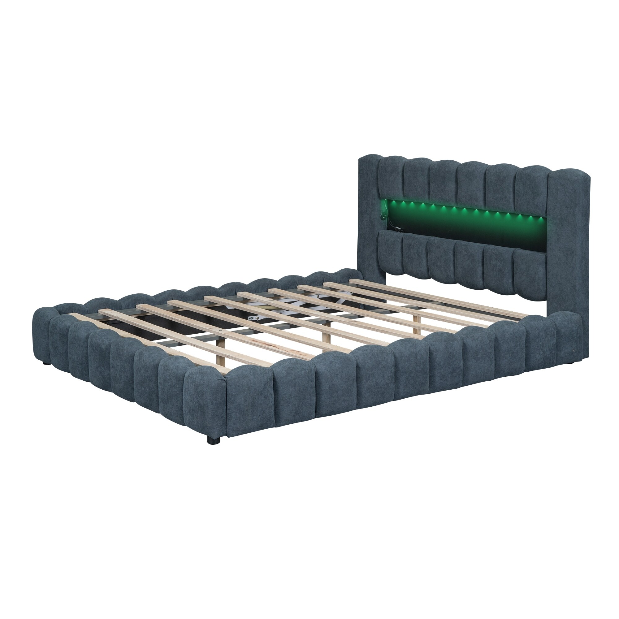 Queen Size Upholstered Storage Platform Bed w/LED Headboard&USB,Blue