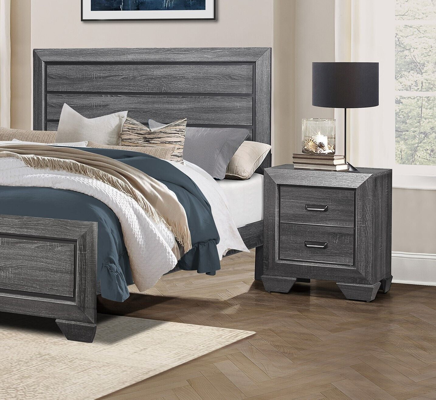 Contemporary 5pc Queen Size Bedroom Set Gray Finish Bed Dresser Mirror Chest Nightstand Wooden Bedroom Furniture