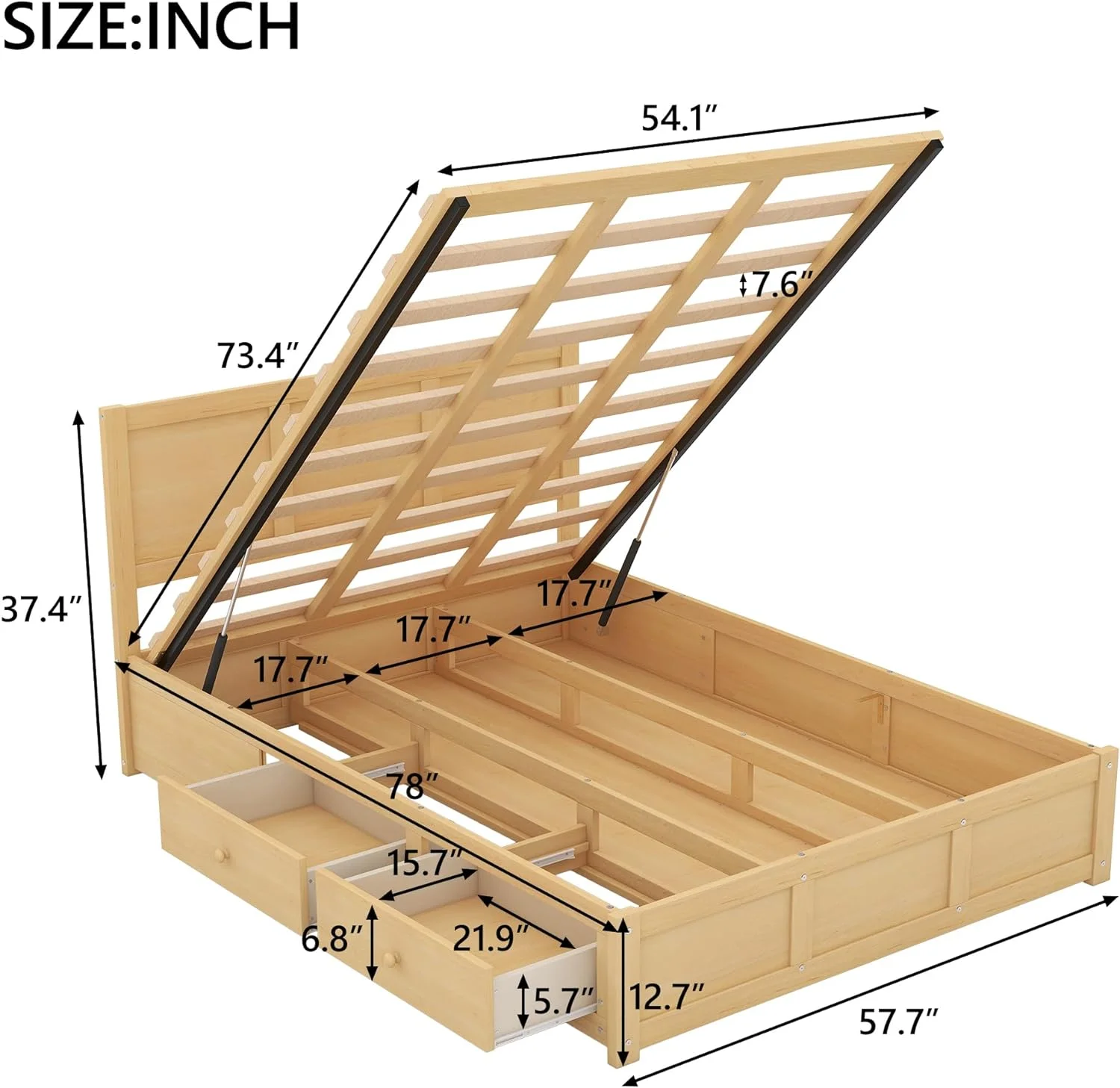 Full Size Bed With Storage Underneath, Lift Up Storage Bed Frame With Headboard, Wooden Full Platform Bed With 2 Drawers, No Box Spring Needed, Easy Assembly - Natural