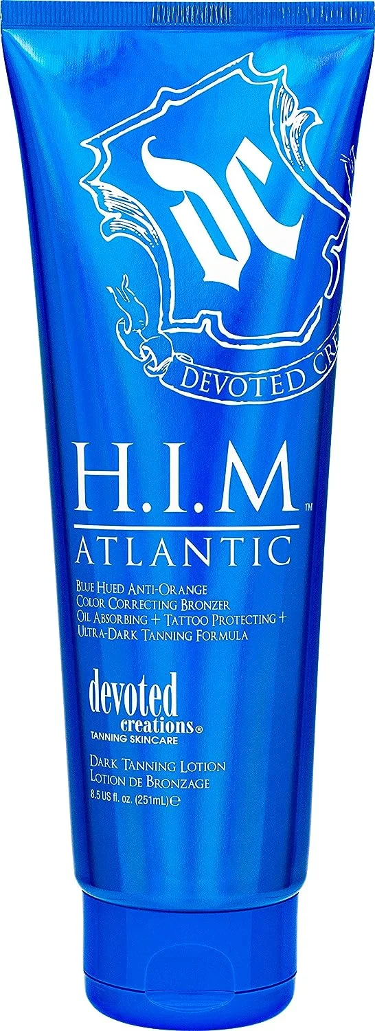 New Devoted Creations H.I.M Atlantic Tanning Lotion - Blue Hued Anti-Orange Color Correcting Bronzer - Oil Absorbing + Tattoo Protecting + Ultra-Dark Tanning Formula 8.5 oz.