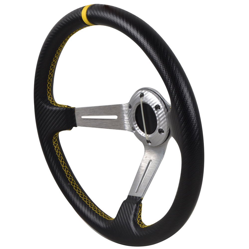 Ikon Motorsports Compatible with 350MM PVC 6 Hole Steering Wheel Deep Dish Silver Spoke Yellow & Black Emblem