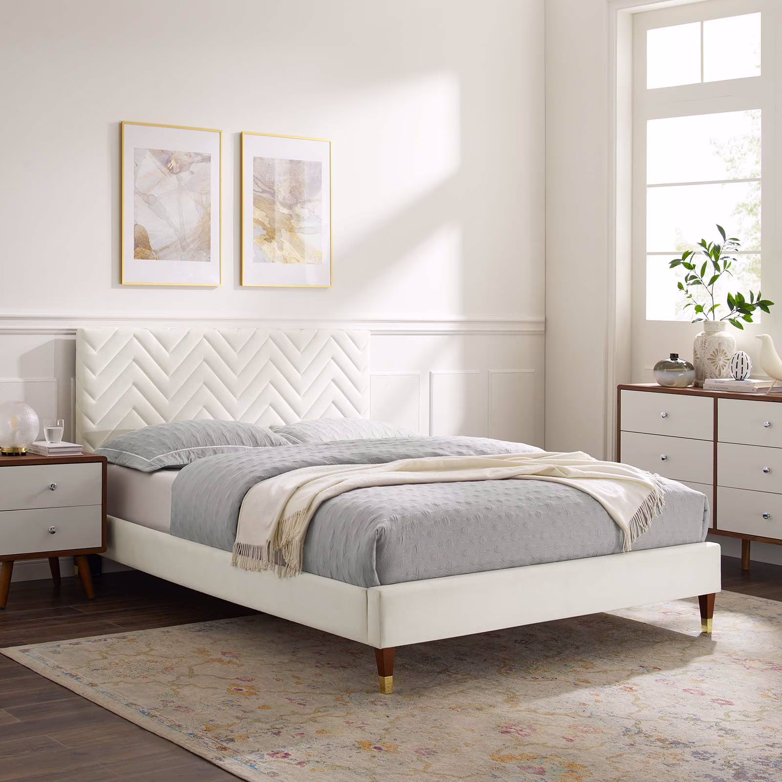 Modway Leah Chevron Tufted Performance Velvet Full Platform Bed in White