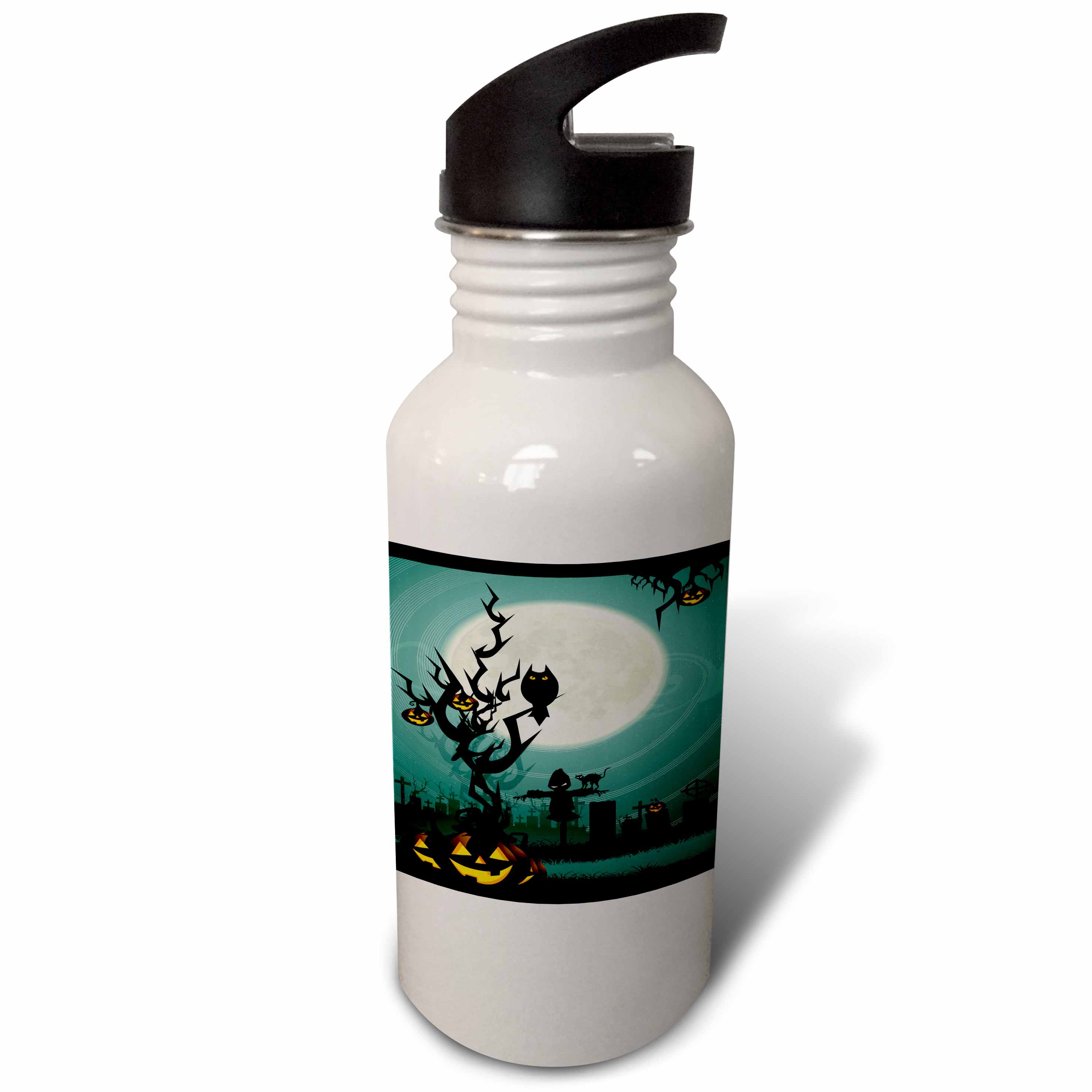 A Scary Halloween Scene With A Pumpkin, Haunted Tree Under A Big White Moon 21 oz Sports Water Bottle wb-153147-1