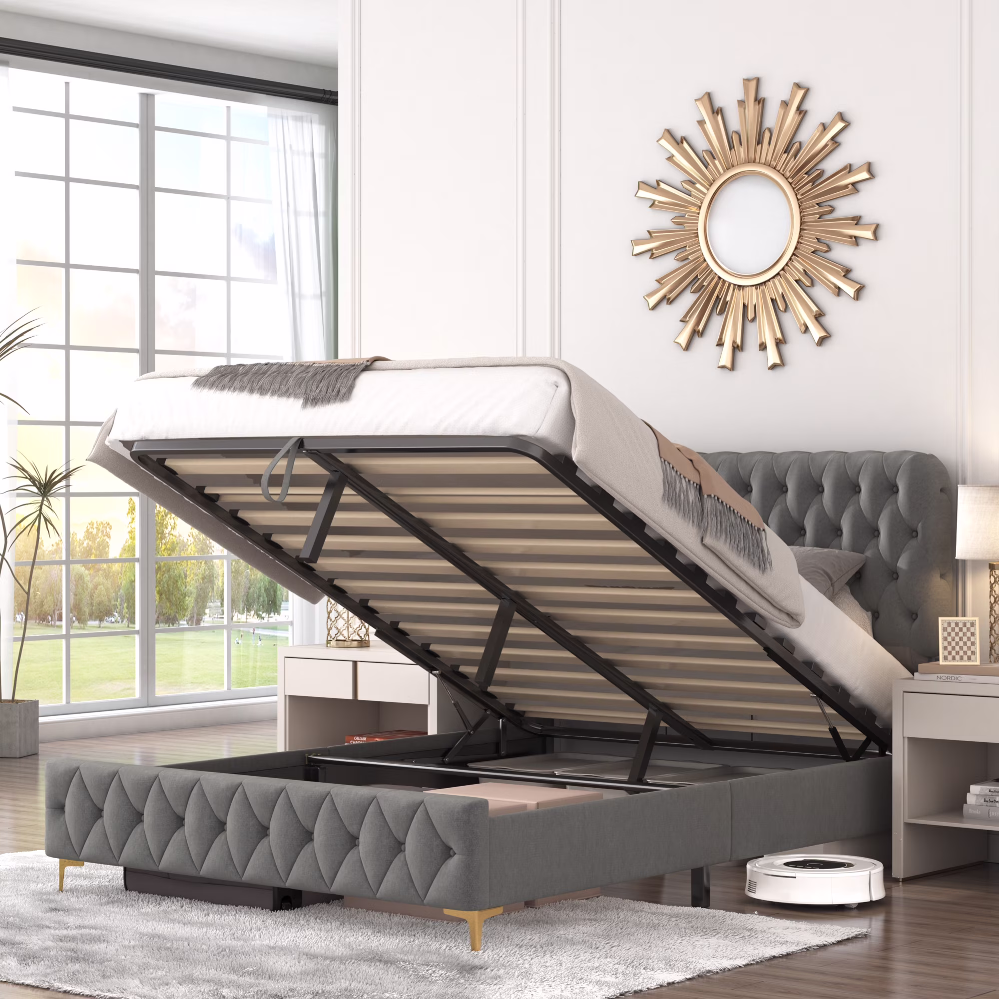 Gray Queen Platform Bed Frame with Pneumatic Hydraulic Function, Velvet Upholstery, Deep Tufted Buttons, and Hidden Underbed Storage