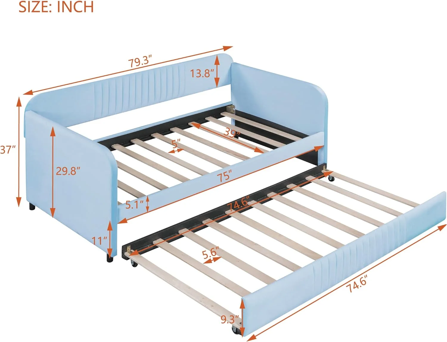 Upholstered Daybed With Trundle,Wooden Size Daybed Frame, Tufted Sofa Bed Daybed With Wood Slat Support For Bedroom,Living Room,Velvet Fabric,Light Blue