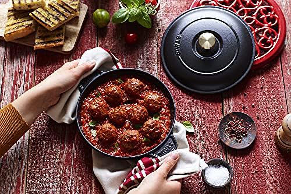 cast iron 7.9-inch round covered baking dish - matte black, made in france