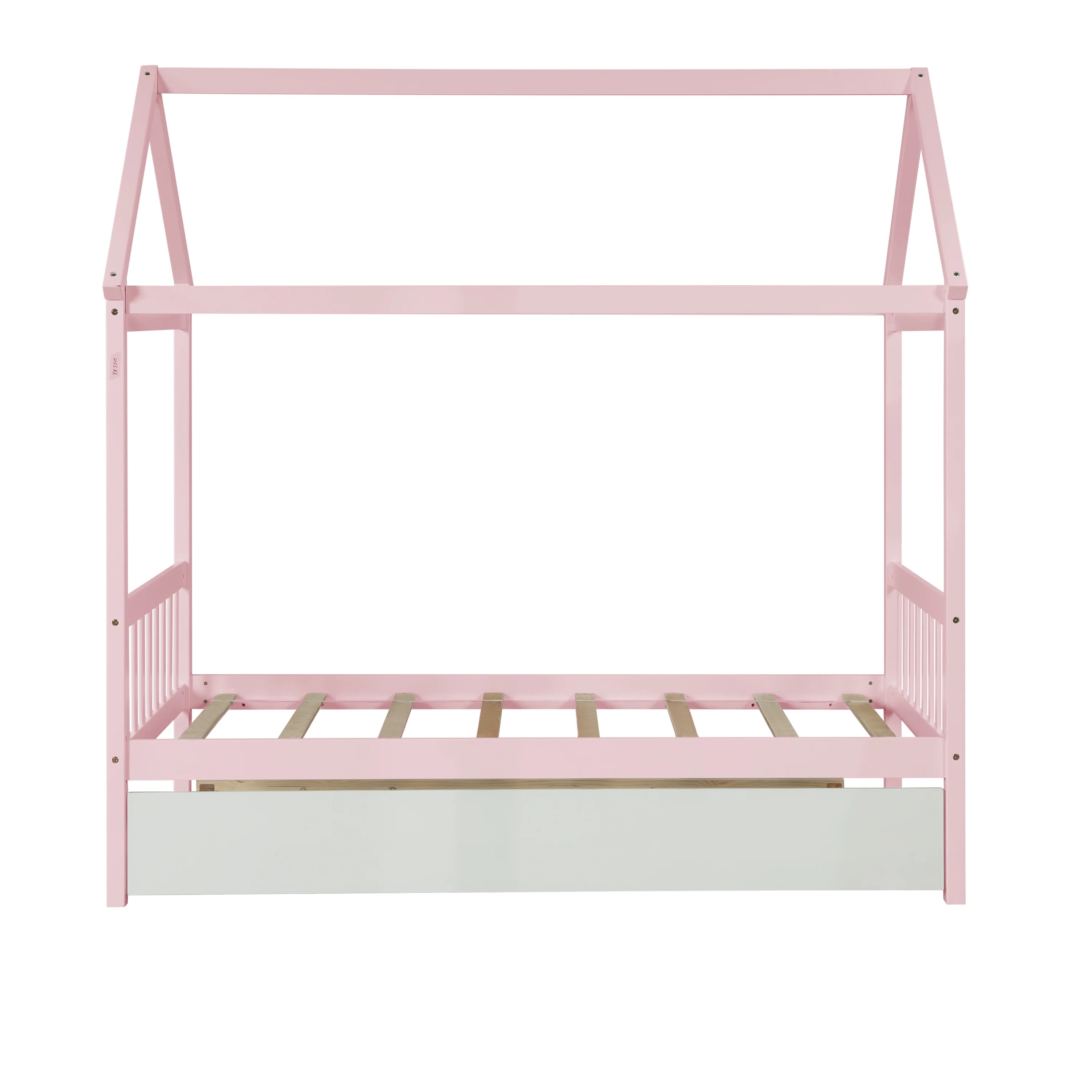 Dcenta WARM PINK TWIN HOUSE BED WITH WHITE TWIN TRUNDLE