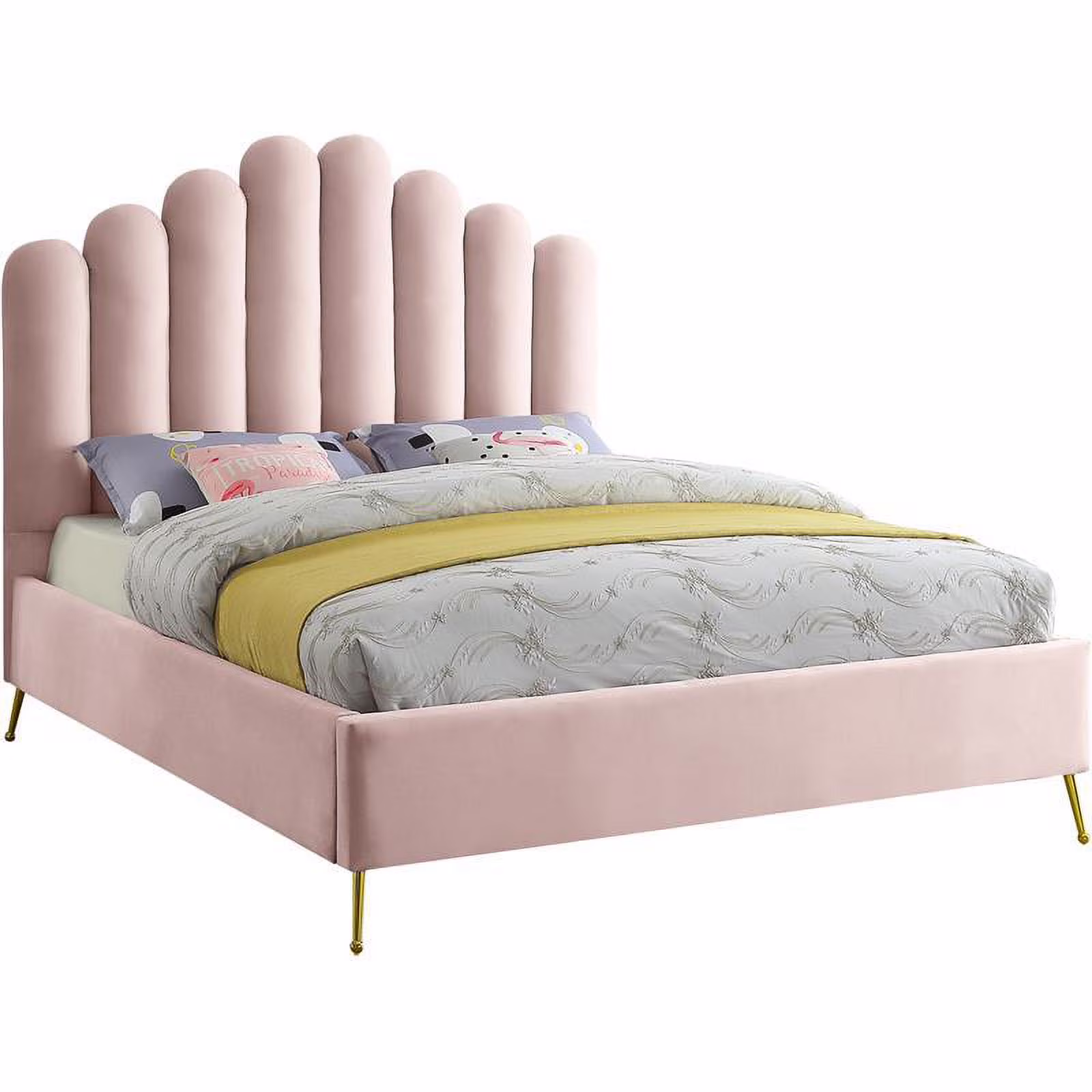 Maklaine Contemporary Solid Wood and Tufted Velvet Queen Bed in Pink
