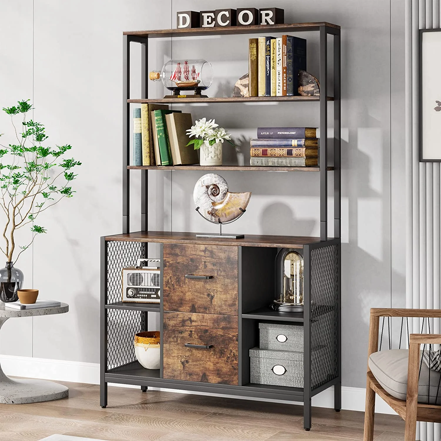 Tribesigns Bookcase with Letter Size Drawers, 6 Tier Industrial Tall Bookshelf for Home Office, Rustic Brown