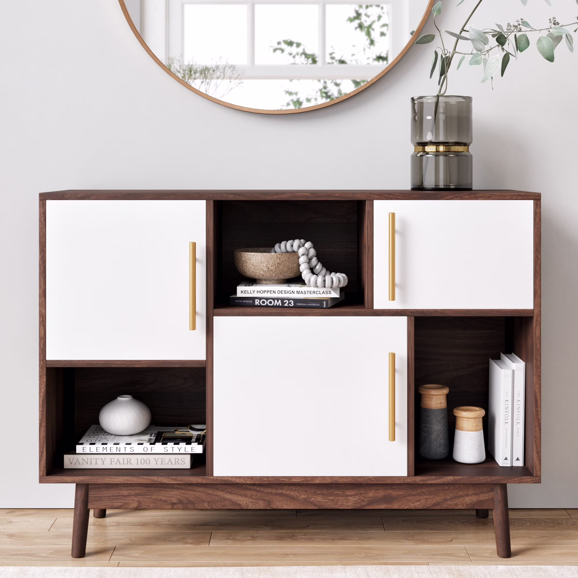 Nathan James Ellipse Brown Cube Storage with Display Shelves and White Cabinet Doors