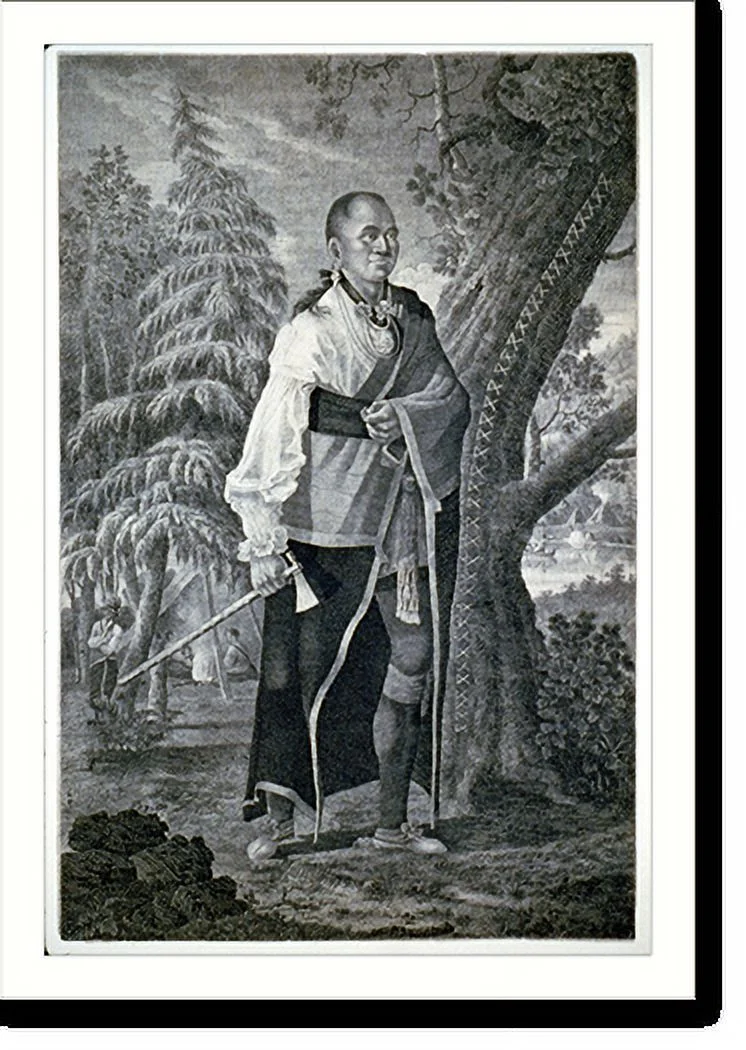 Historic Framed Print, Portrait of Hendrick, Mohawk chief, full length standing holding tomahawk with camp scene in background - 2, 17-7/8